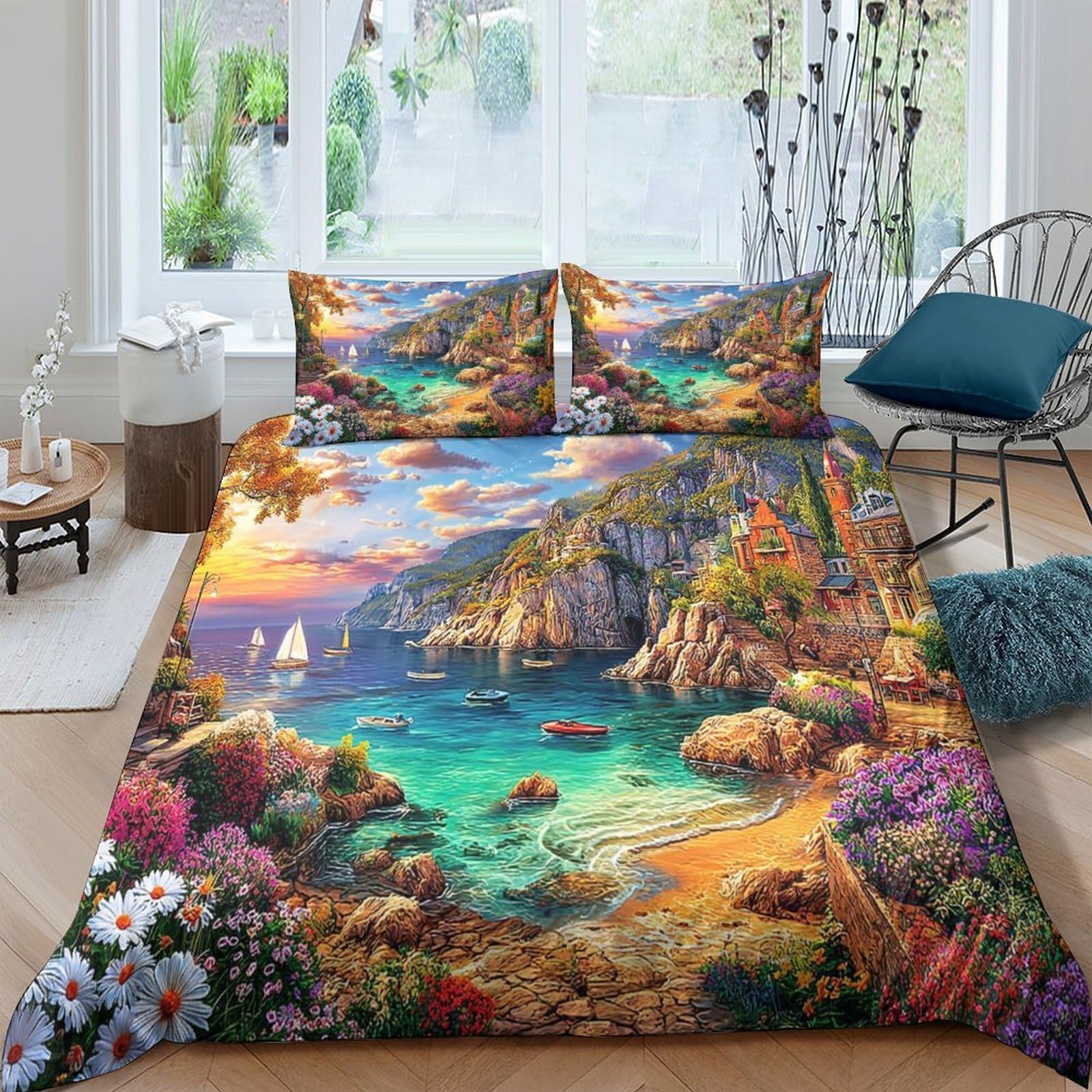 Housse de couette 260x220cm hypoallergénique avec 2 oreillers pour grand lit Super King