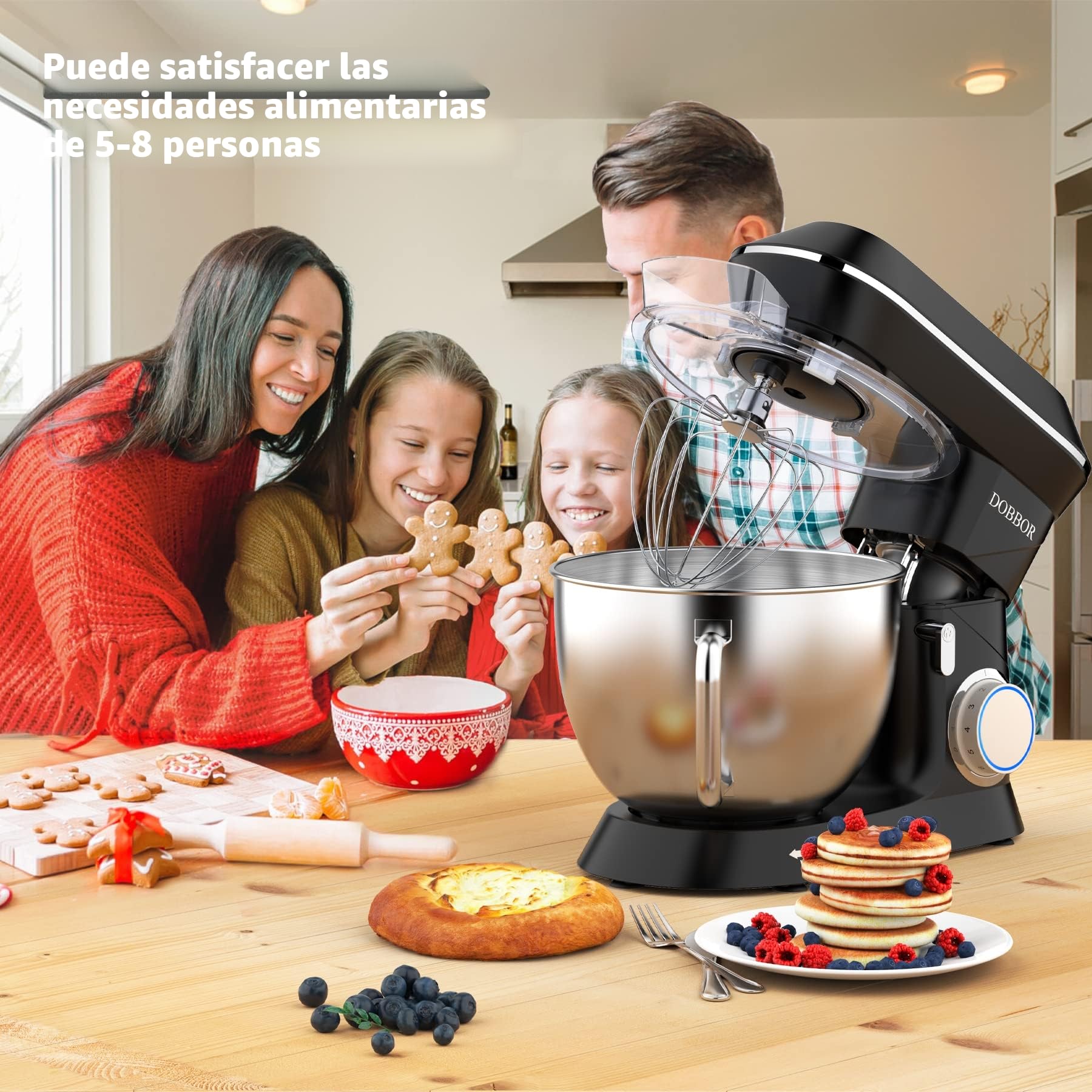 9.5L Batidora Amasadora, DOBBOR 1500W Profesional Movimiento Orbital Robot de Cocina Amasador 5 Funciones (Amasar, Batir, Mezclar, Montar, Emulsionar), 7 Velocidades, Bol de Acero Inoxidable