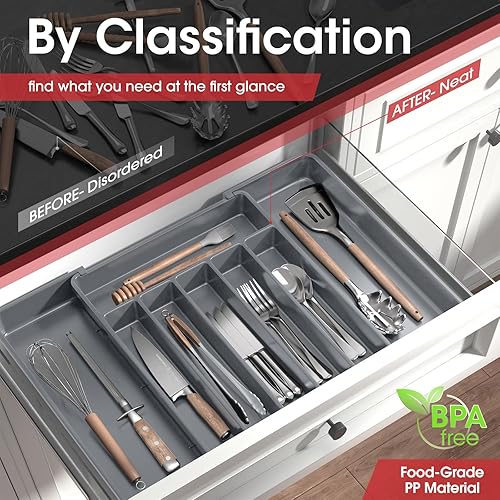 Vista 11 de Aujen Organizador de cubiertos – Organizador de cajones de cocina expandible, organizador de utensilios ajustable, bandeja de cubiertos para Negro
