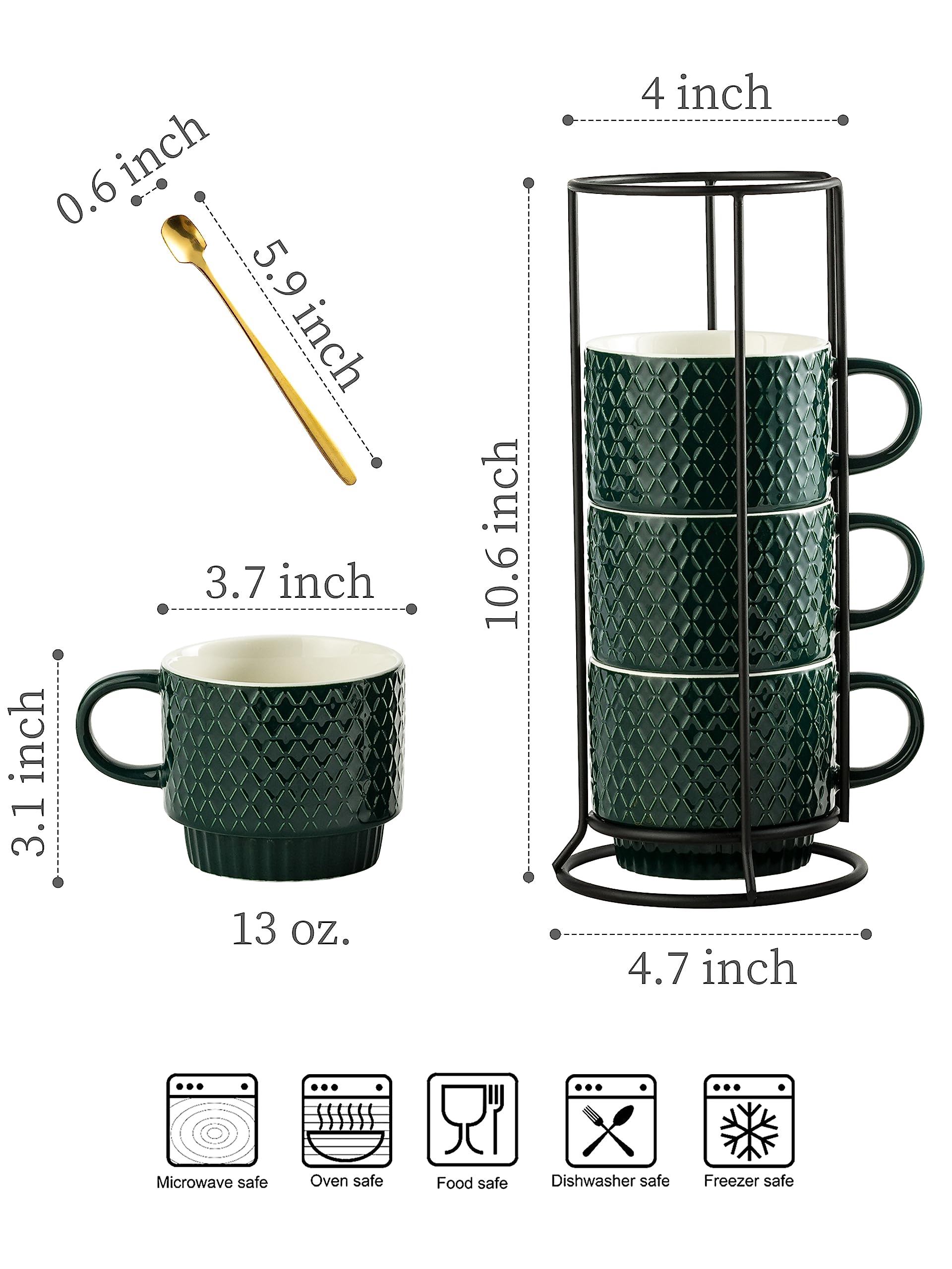 LYEOBOH Stapelbare Porzellan-Kaffeetassen mit Ständer und Löffeln, Cappuccino-Tasse, 330 ml, Demitasse-Tassen für Getränke, Espresso, Latte, 4 Stück, Dunkelgrün