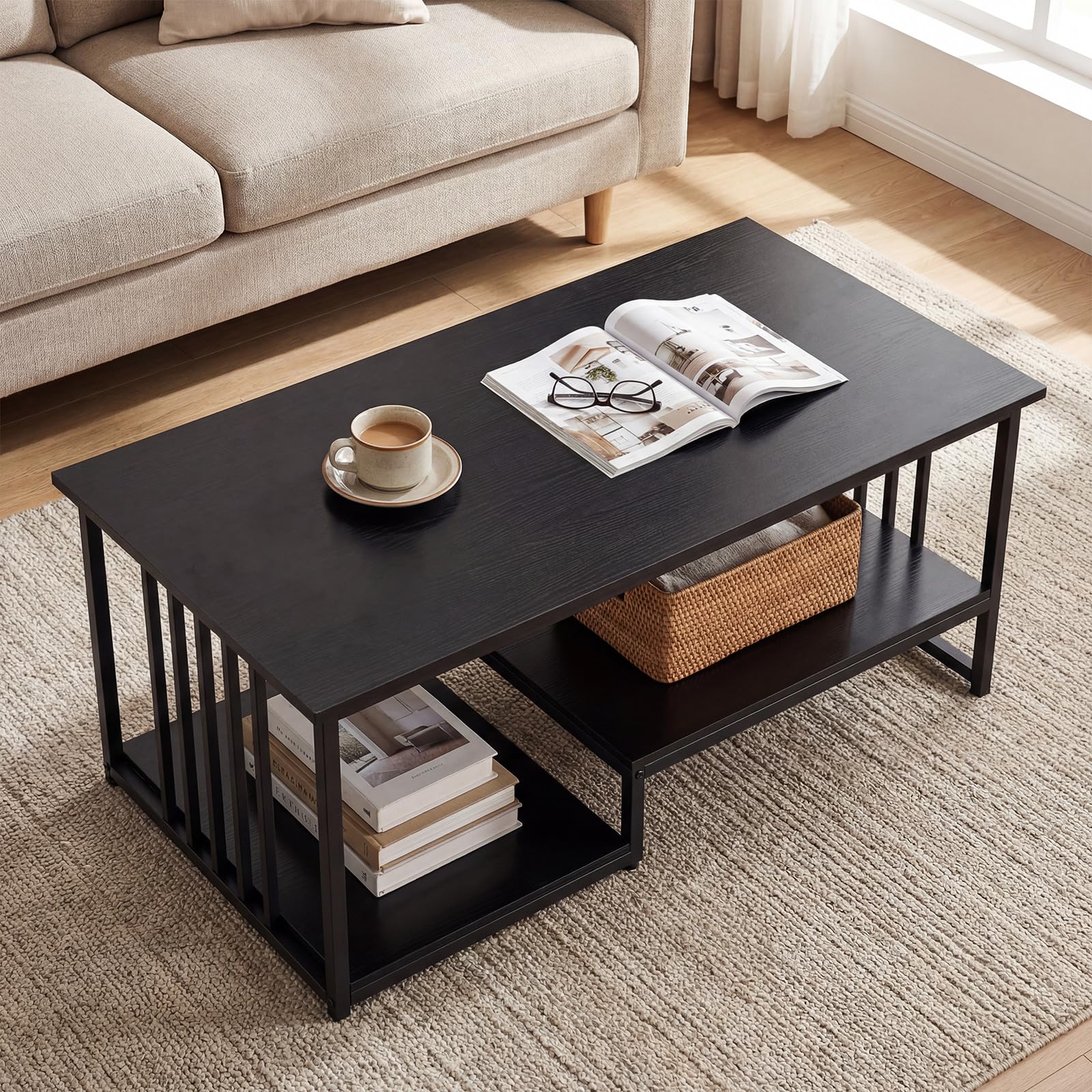 COSTWAY Couchtisch, Wohnzimmertisch 3 Ebenen mit robustem Metallgestell, Industrie-Design, rechteckiger Kaffeetisch 110 x 60 x 45 cm, Sofatisch für Wohnzimmer & Büro (Schwarz)