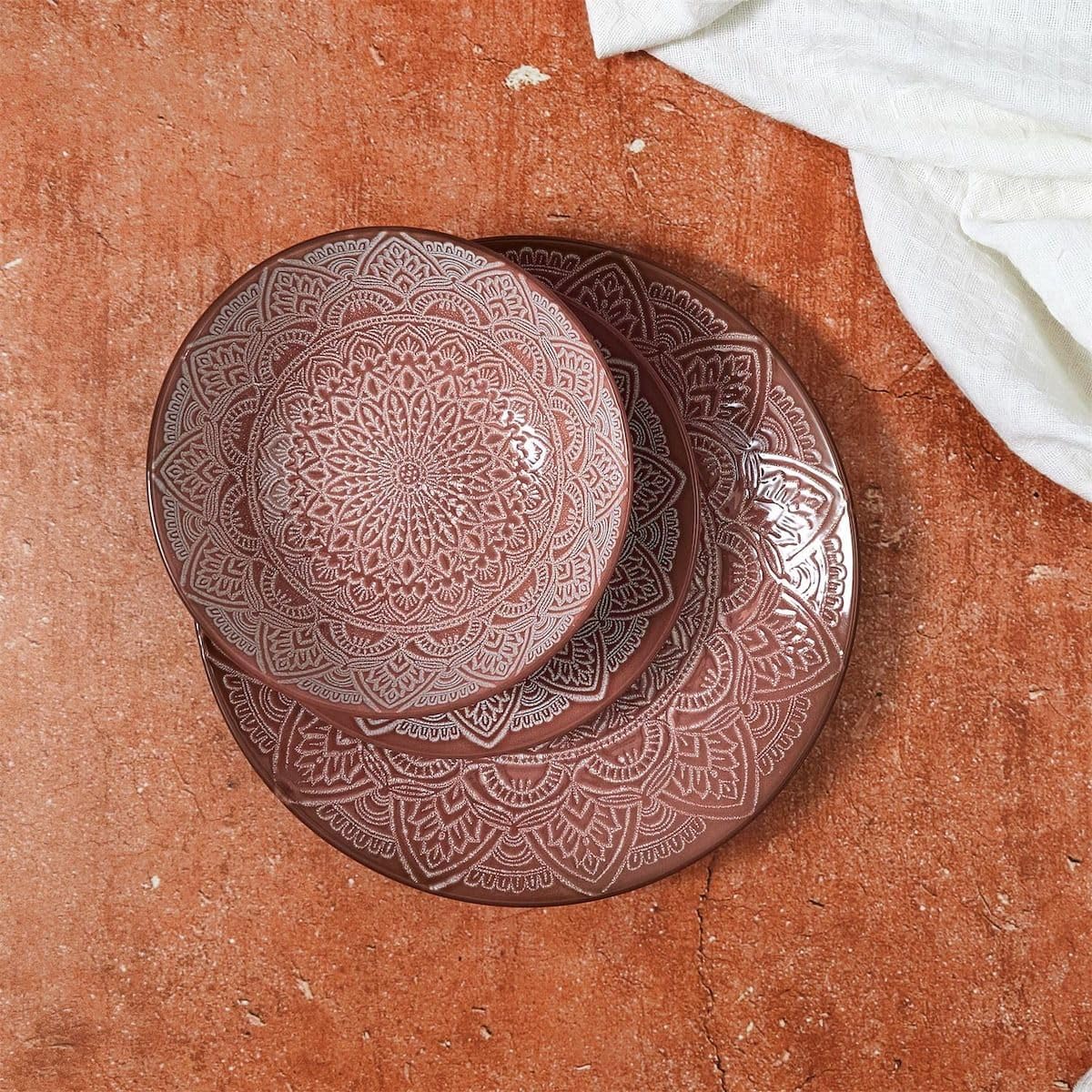 AltoBuy Set de 6 Assiettes Plates en céramique Terracotta Motif Mandala (Ø27 cm) - AKKA