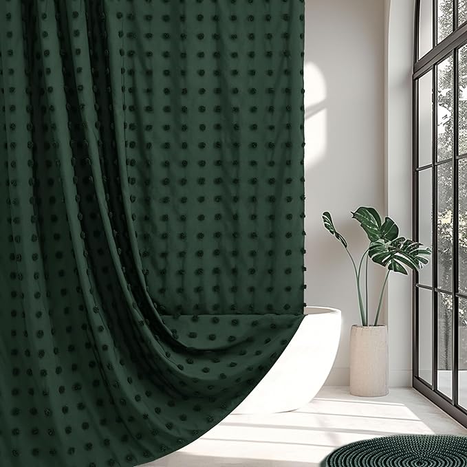 Boho Farmhouse Dark Green Shower Curtain Woven Fabric Shower Curtain, 72 x 72 Tufted Pleat Floral Puffs Textured Modern Farmhouse Minimalist Hunter Green Shower Curtain Set with Hooks for Bathroom
