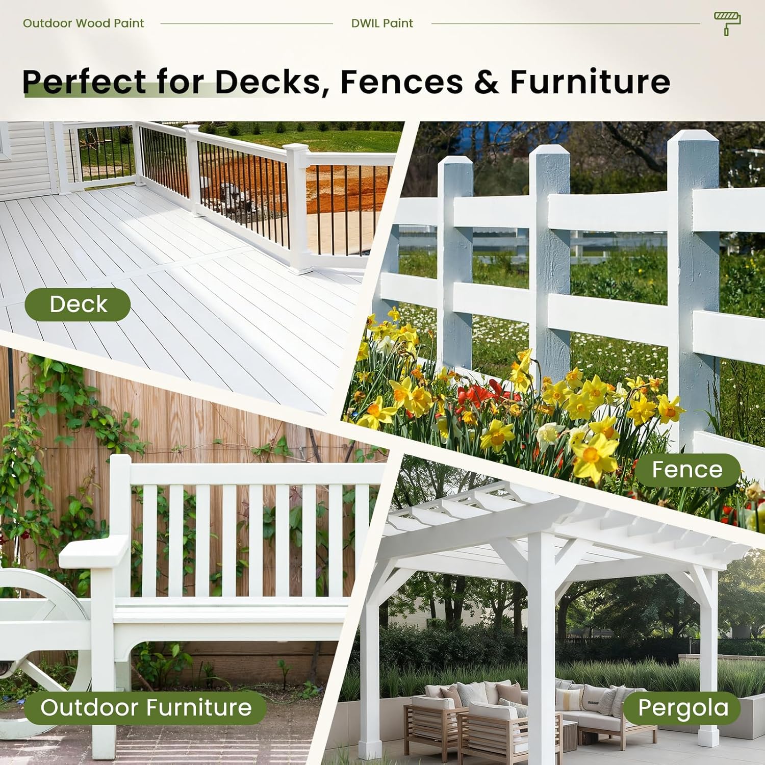 DWIL Wood Paint, White Paint for Wood, No Sanding& Fast Dry Outdoor WoodPaints, Water Based& Low Odor Furniture Door Cabinet Paints, Perfect for Indoor/Exterior White, 50-60sq.ft