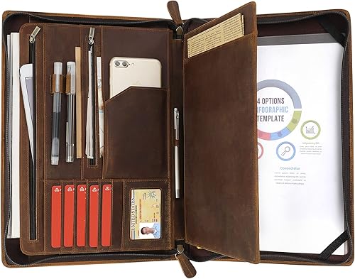 Ringsun Organizador de cartera de cuero genuino para hombres y mujeres con asa carpeta de cuero de grano completo con cremallera para iPad de 129