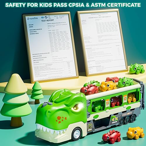 Miniatura 6 de Funwee Camión de dinosaurios de juguete para niños de 2, 3, 4, 5, 6, 7 años, pista plegable y modo de carrera de 2 jugadores, transporte de luz y