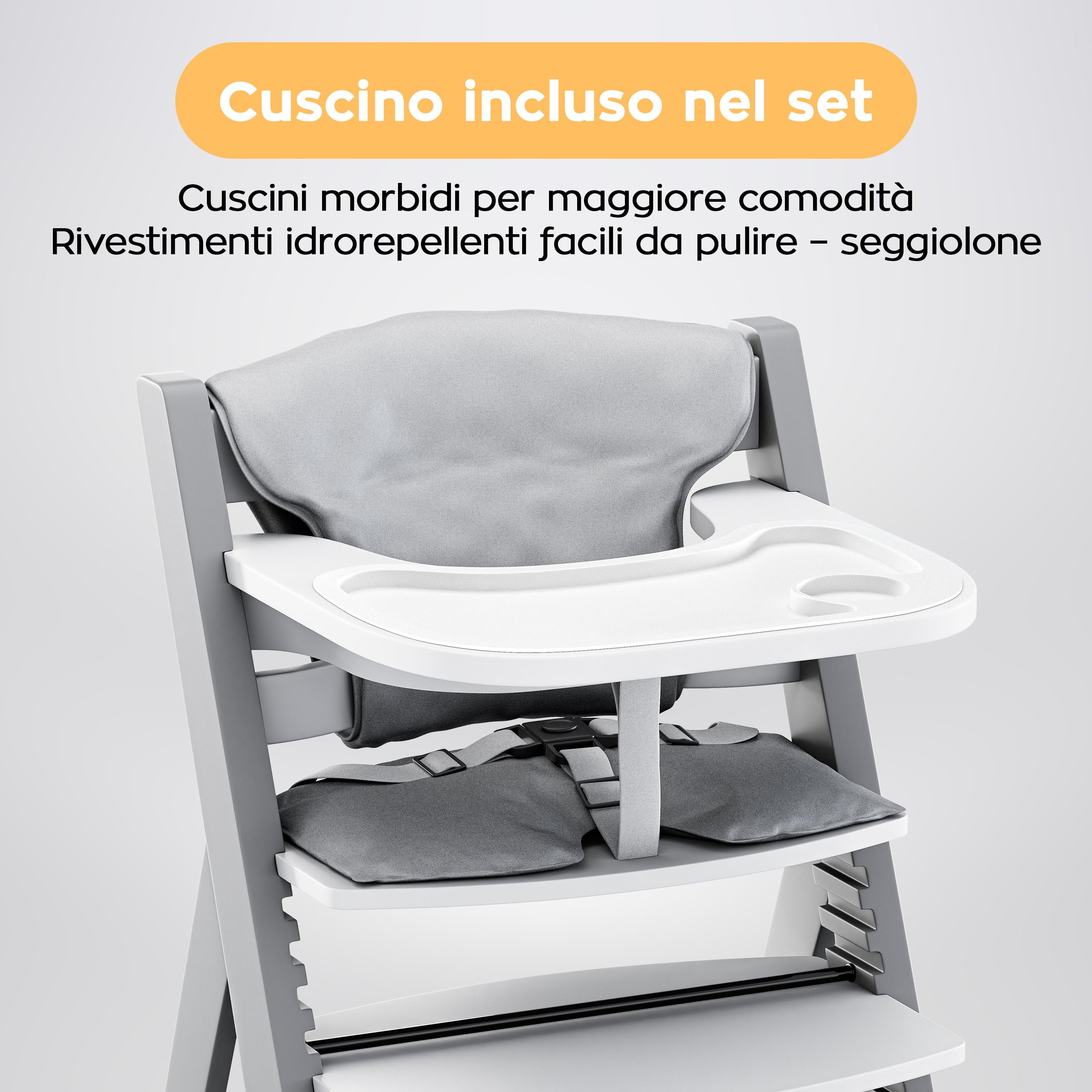Tulano Morsel 40 - Seggiolone Evolutivo 4 in 1 per Pappa in Legno | Sedia evolutiva con 11 livelli vassoio lavabile cuscini impermeabili e uso da 6 mesi a 12 anni - Grigio Bianco