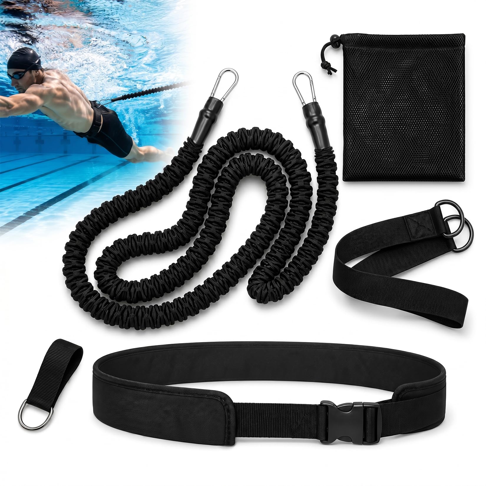 Schwimmgurt Pool Erwachsene, Schwimmtrainer Pool mit 2.5-7.5M Einnstellbare Schwimmseil für Jedes Schwimmbad Ohne Schwimmleine