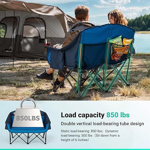 Miniatura 7 de Overmont Silla de camping doble de gran tamaño  Sofá de campamento cómodo para 2 personas con bolsa de enfriamiento y estantes de vino  Sofá de dos