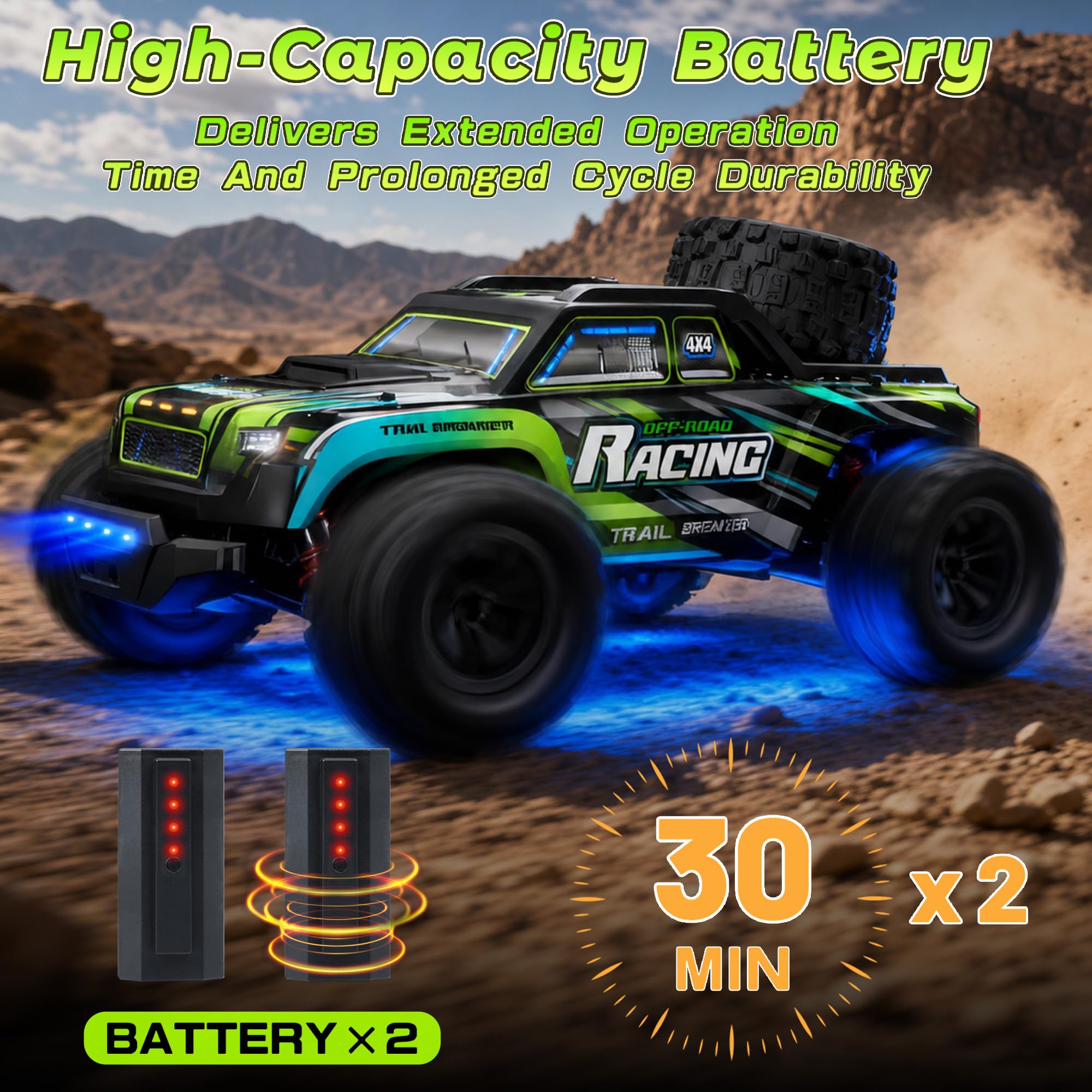 Ferngesteuertes Auto 1:16 4WD RC Auto 40 km/h Offroad Mit LED | Offroad-RC-Truck 2 Batterien 2.4GHz All-Terrain-Spielzeug Wiederaufladbar Fast Cars Für Kinder und Erwachsene - Schwarz