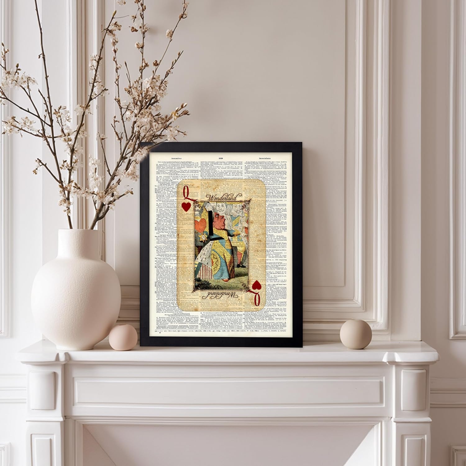 Poster Master Red Queen Print - Dictionary Poster - Queen of Hearts Card Art - Alice Wonderland Wall Design - Gift for Boy, Girl - Rustic Decor for Nursery, Kid's Room - 11x14 Black Framed