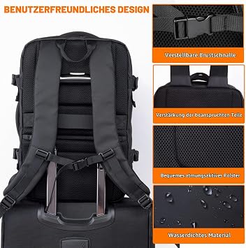 KINGSLONG Hand Luggage Travel Backpack 35L Laptop Men's Backpack 17 Inch Business Backpack Waterproof Expandable Theft Proof with USB Charging Port Flight Approved Cabin Backpack Travel Black
