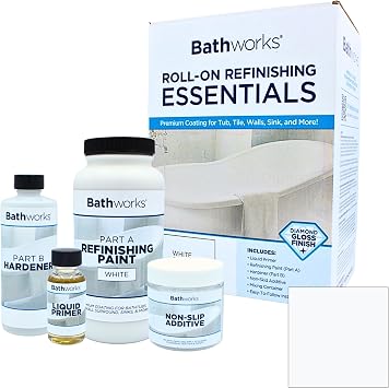 Bathworks Essentials Tub & Tile Refinishing Kit White Non-Slip Bathtub Coating for Tubs, Showers, Sinks, Porcelain, Fiberglass, Ceramic & Cast Iron High-Gloss DIY Reglaze Paint, 21 oz