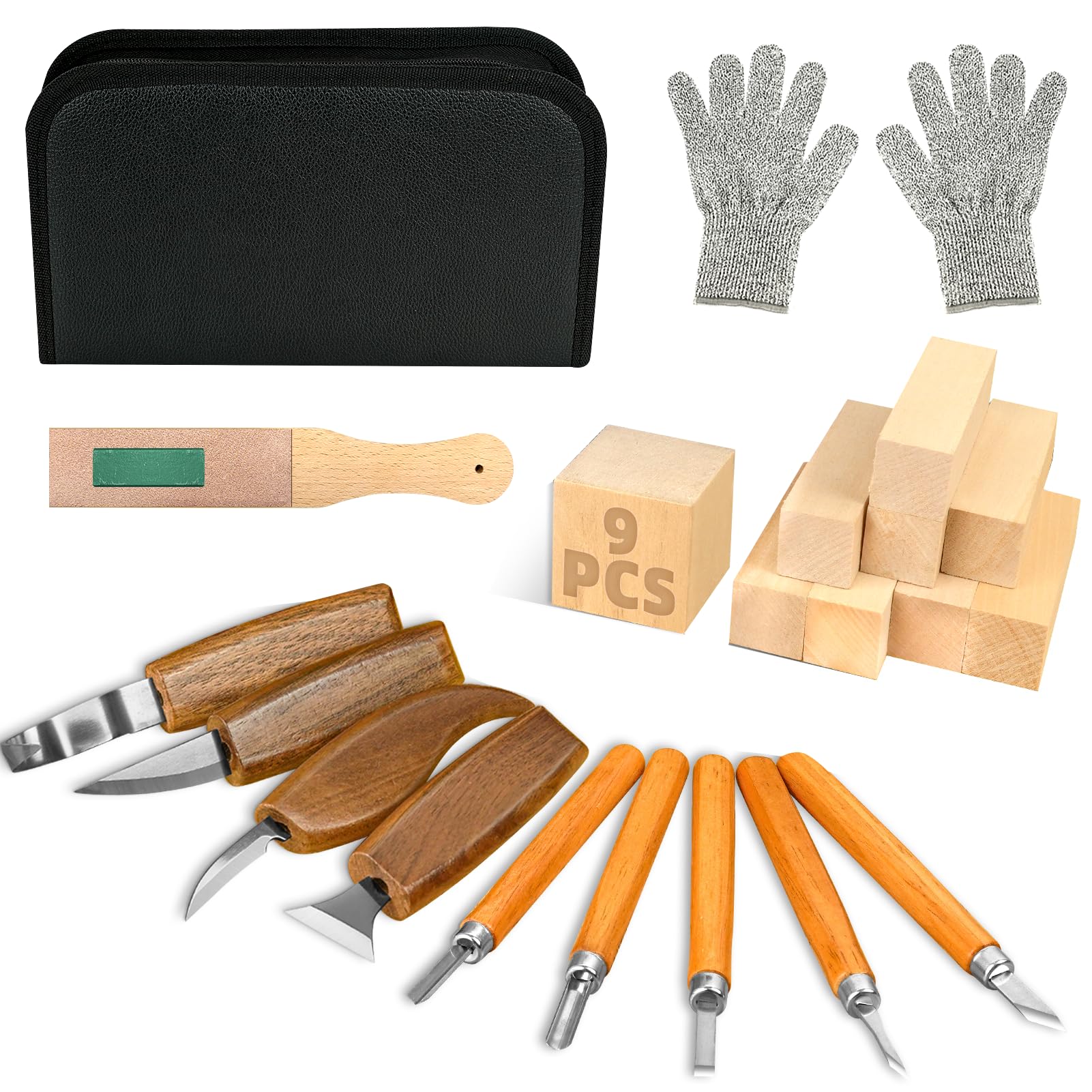 23 PCS Wood Whittling Kit for Adult Beginners, Woodworking Tools Set with 9 Basswood Blocks, 9 Whittling Tools, Gloves, PU Storage Bag