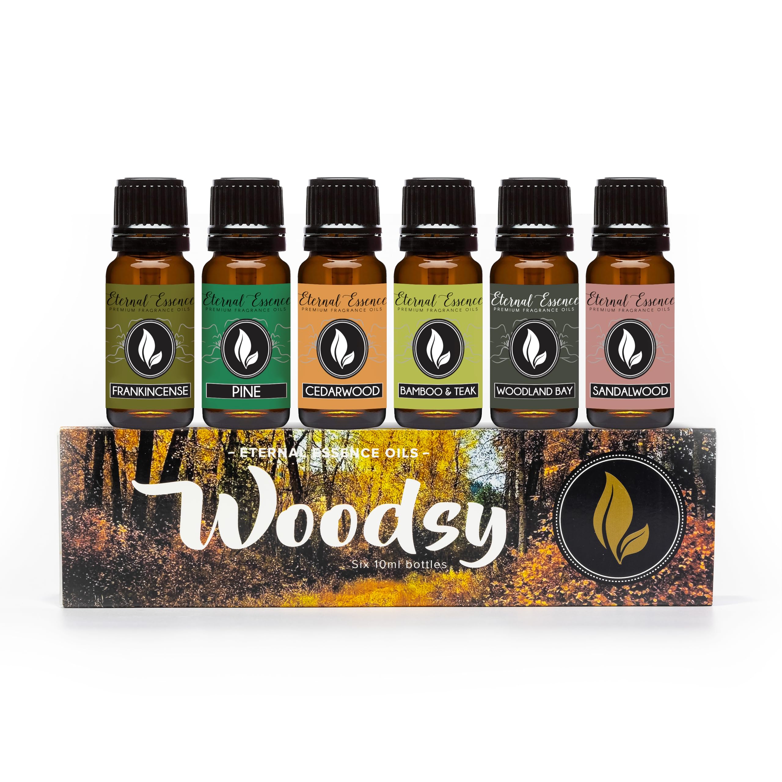 Eternal Essence Oils Woodsy Premium Grade Scented Gift Set of 6 Frankincense, Pine, Cedarwood, Bamboo & Teak, Woodland Bay, Sandalwood (10Ml)