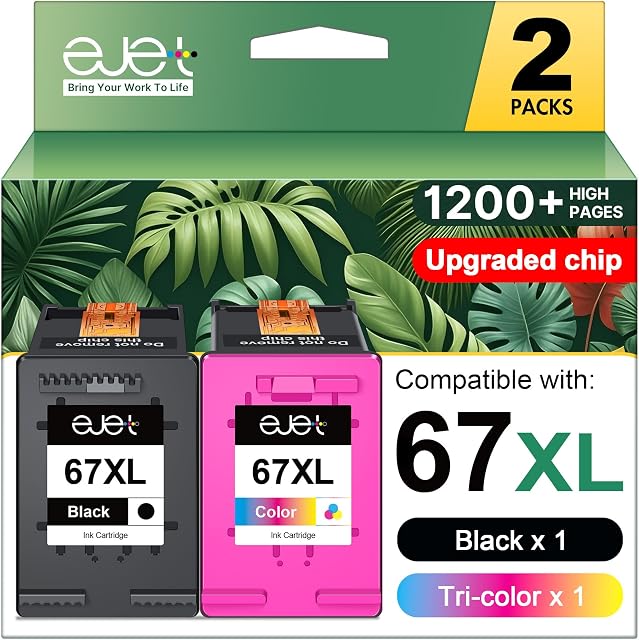 67XL Cartouches d'encre Noir/Color Combo Pack Compatible pour HP Encre 67 Encre 67 XL Fonctionne avec HP DeskJet 2722 2734 4120 4155 Envy 6010e 6020e 6022e 6030e 6032e 6034e 6052e 6055e 6065e Imprimante (2-Pack)