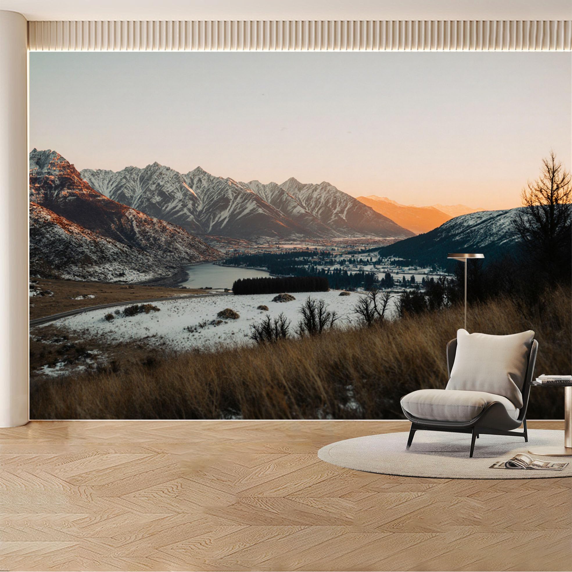 Custom Wall Mural Wallpaper Snowy Mountain Lake， Landscape Nature 3D Effect Wall Decor， Sunset Misty Removable SelfAdhesive Large Photo for Living Room， Bedroom， Office