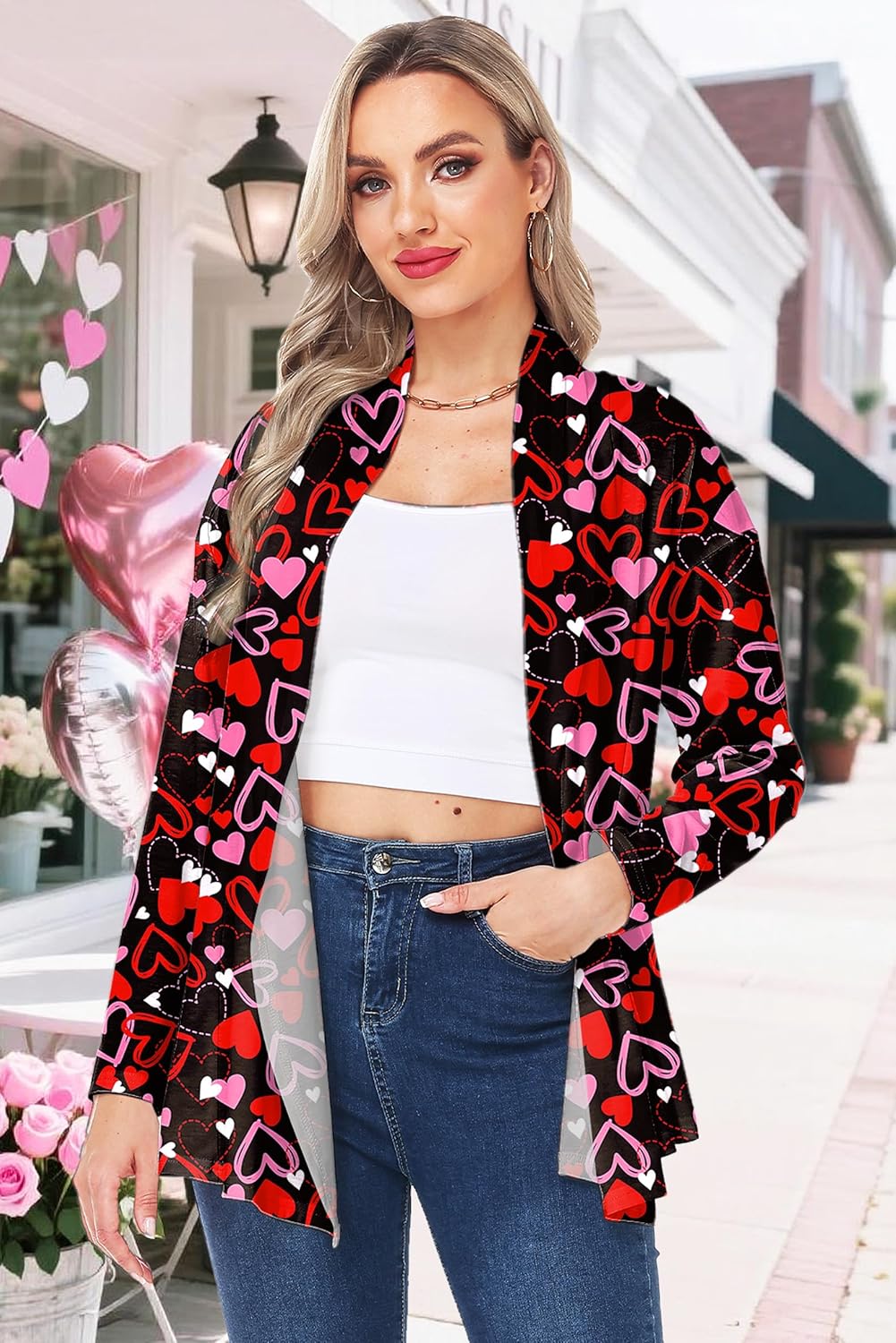 Womens Valentines Long Sleeve Lightweight Cardigan Heart Graphic Print Coat - Image 2
