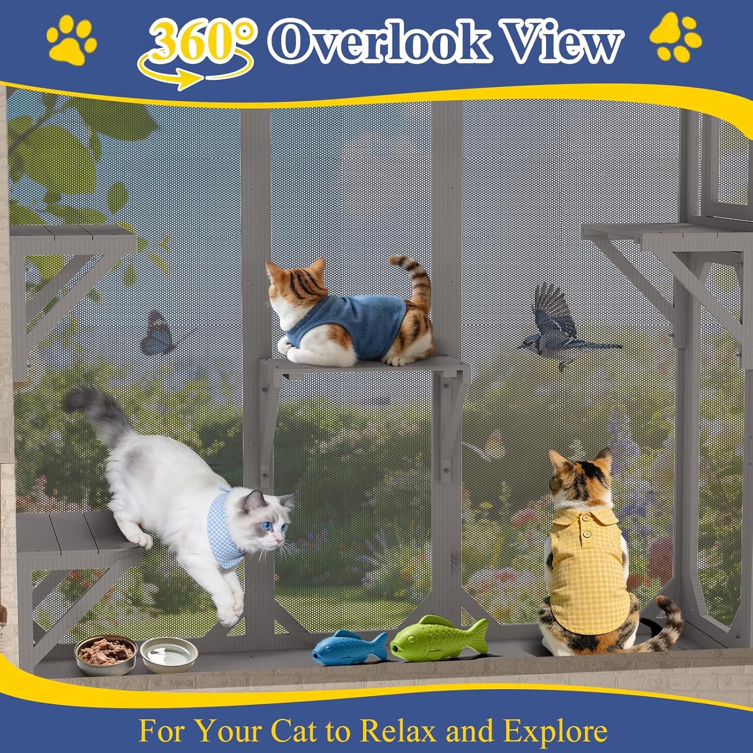 PetsCosset Cat Window Box Wooden Window Catio for Indoor Cats, Cat Enclosure with 4 Platforms & 3 Doors, Wall-Mounted Perch for Sunbathing, Play & Tunnel Connection, All-Weather Use, Keeps Insects Out