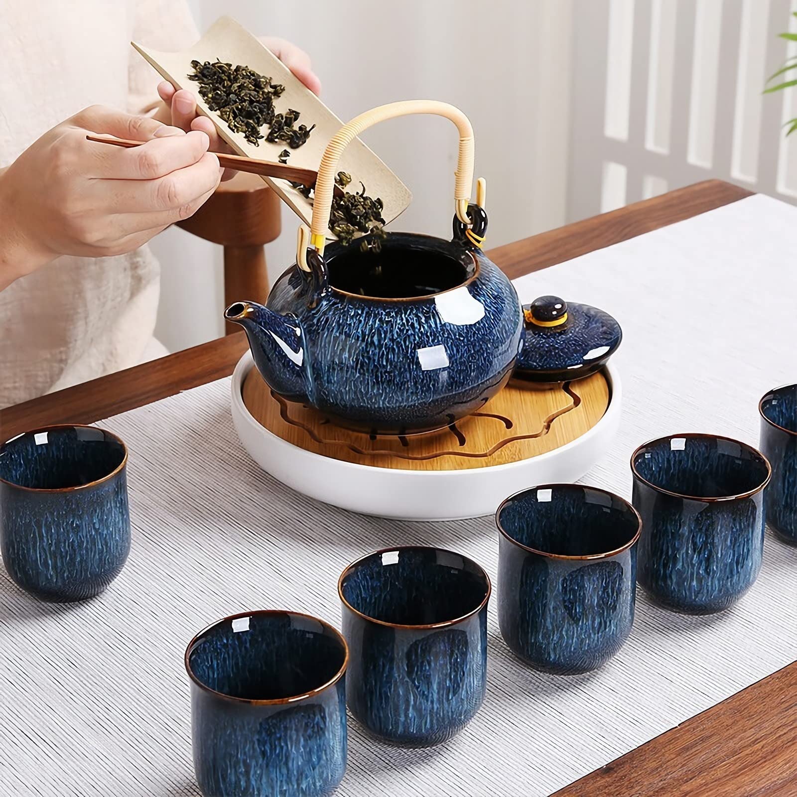 Service à thé chinois en céramique, théière de 600 ml et 6 tasses de 120 ml, service à thé kungfu changeant de four, théière asiatique pour les amateurs de thé, bleu