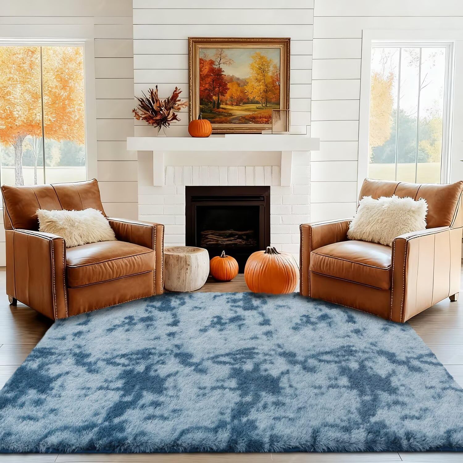 Vafodo Fluffy Bedroom Carpet, 4x6 ft Shaggy Fuzzy Area Rug - Soft Plush Tie-Dye Deep Blue for Kids Bedroom and Nursery Boys & Girls Room Decor