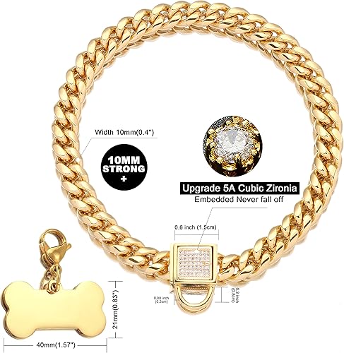Miniatura 3 de Collar de cadena de perro dorado con hebilla segura con piedras de circonita cúbica hielo y etiqueta de perro de 18 quilates de metal inoxidable