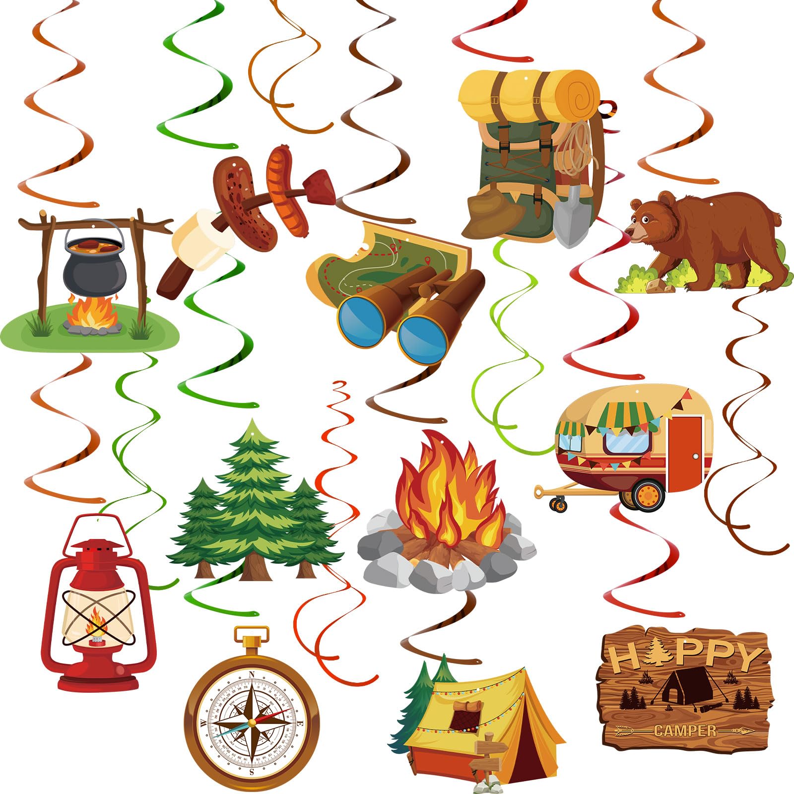 58 Pcs Camping Party Hanging Swirls Camping Themed Party Decorations Campings Adventure Sign Foil Swirls Ceiling Decorations for