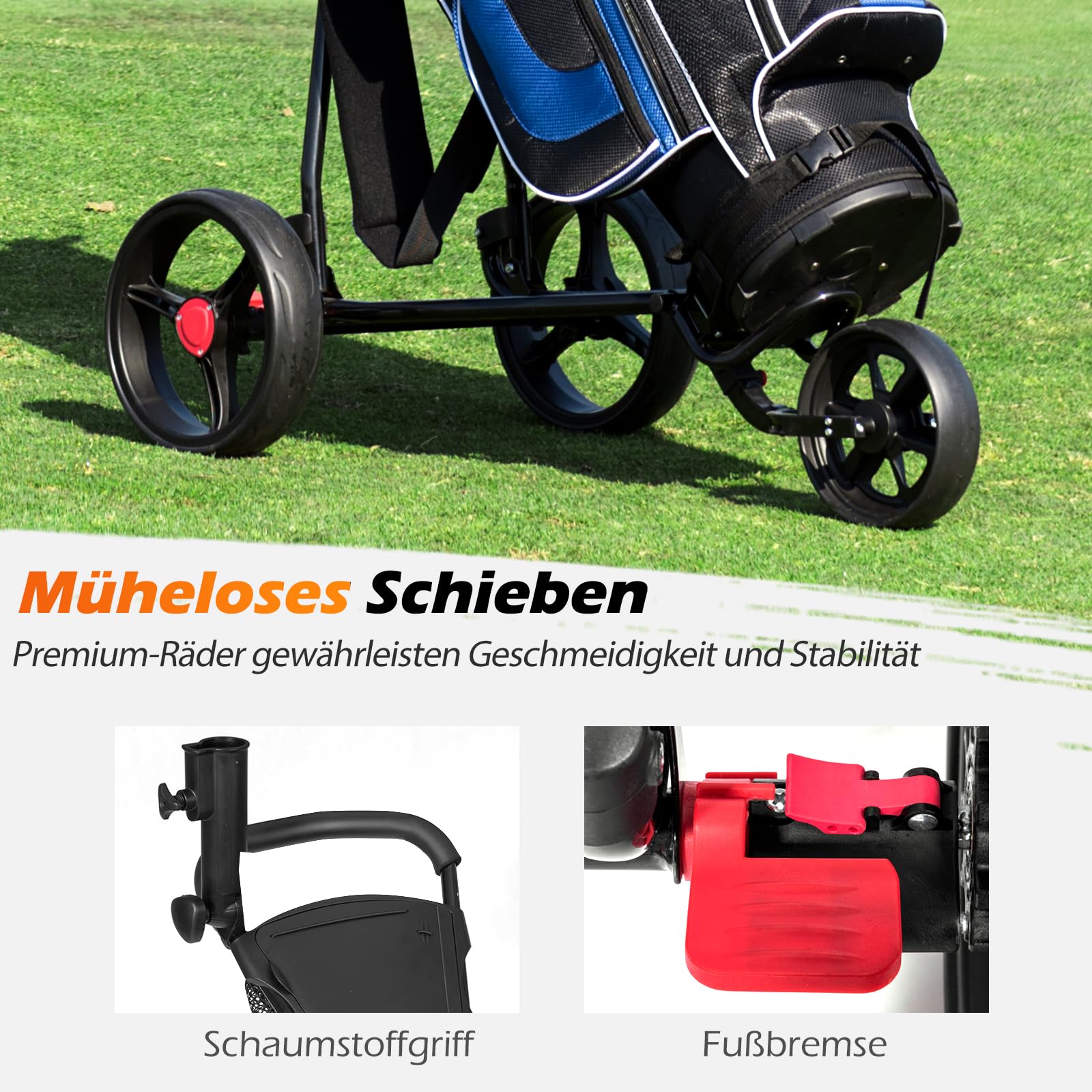 GYMAX Golftrolley faltbar, Golfwagen 3 Rad mit Scorekartenhalter, Getränkehalter & Regenschirmhalter, Golf Push Cart mit verstellbarem Griff aus Eisen, Schwarz