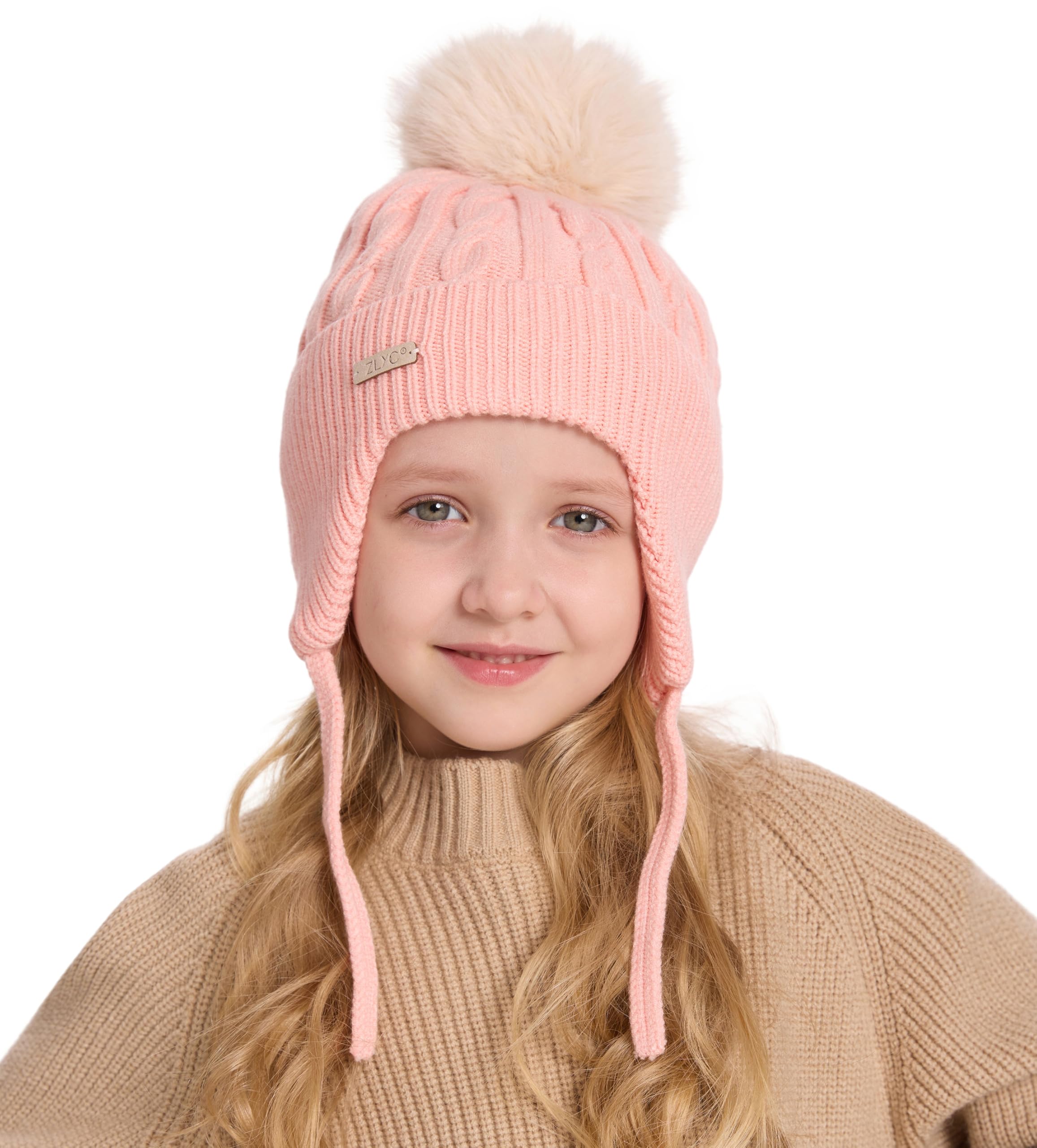 ZLYC Kinder Mädchen Strickmützen Wintermützen Baumwolle Pom Pom Beanie