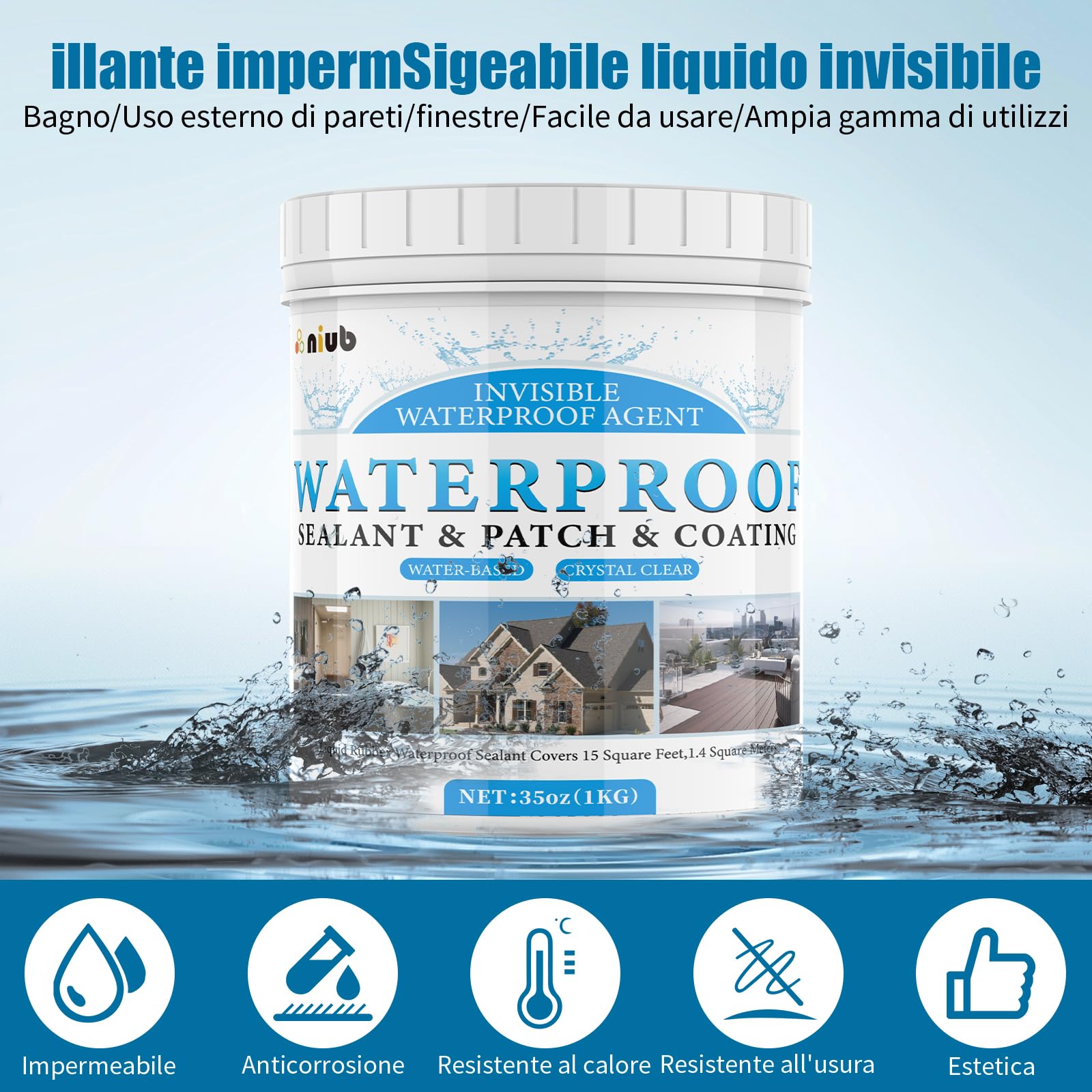 sigillante impermeabile trasparente, impermeabilizzante terrazzi, guaina liquida trasparente, sigillante perdite acqua, sigillante isolante impermeabile, impermeabilizzante trasparente 2KG