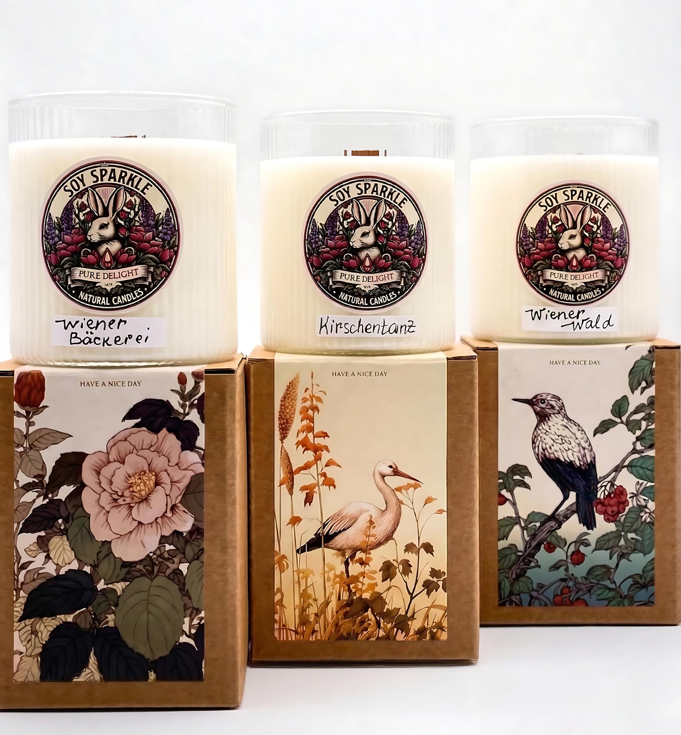 Soy Sparkle Duftkerzen Geschenkset Austrian Trio Set - 3x Natürliche Sojakerzen im Glas mit Holzdocht - Kerzen Set für Frauen, 100% EU-Zutaten
