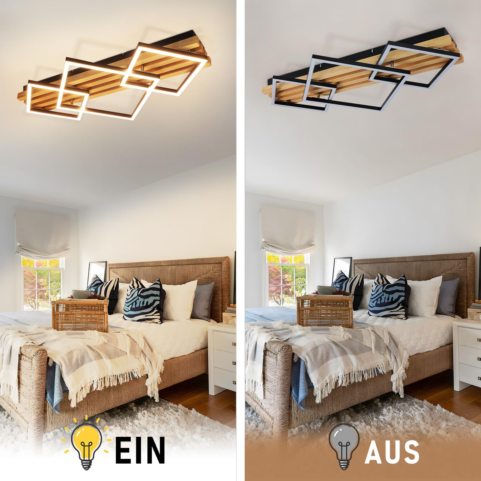 GBLY LED Deckenleuchte Holz 70cm Deckenlampe Dimmbar Wohnzimmerlampe | Modern Schlafzimmerlampe 46W Schwarz eckig küchenlampe fur wohnzimmer schlafzimmer Küchen Flur Büro Lampe, Memory-Funktion
