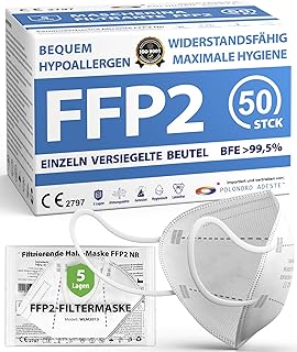 ADESTE - 50 FFP2 Masken, hygienische 5-lagige Staubschutzmaske, EN149:2001+A1:2009 Mundschutzmaske EU2016/425, weiß, Atems...