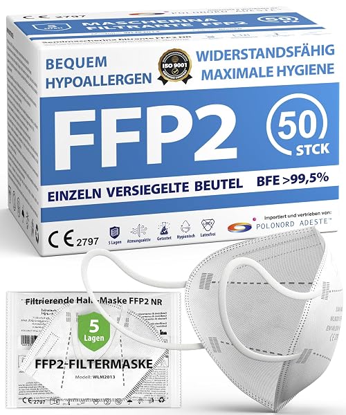 ADESTE 50x FFP2 Maske Hygienische 5-lagige Staubschutzmaske (EN 149) Atemschutzmaske