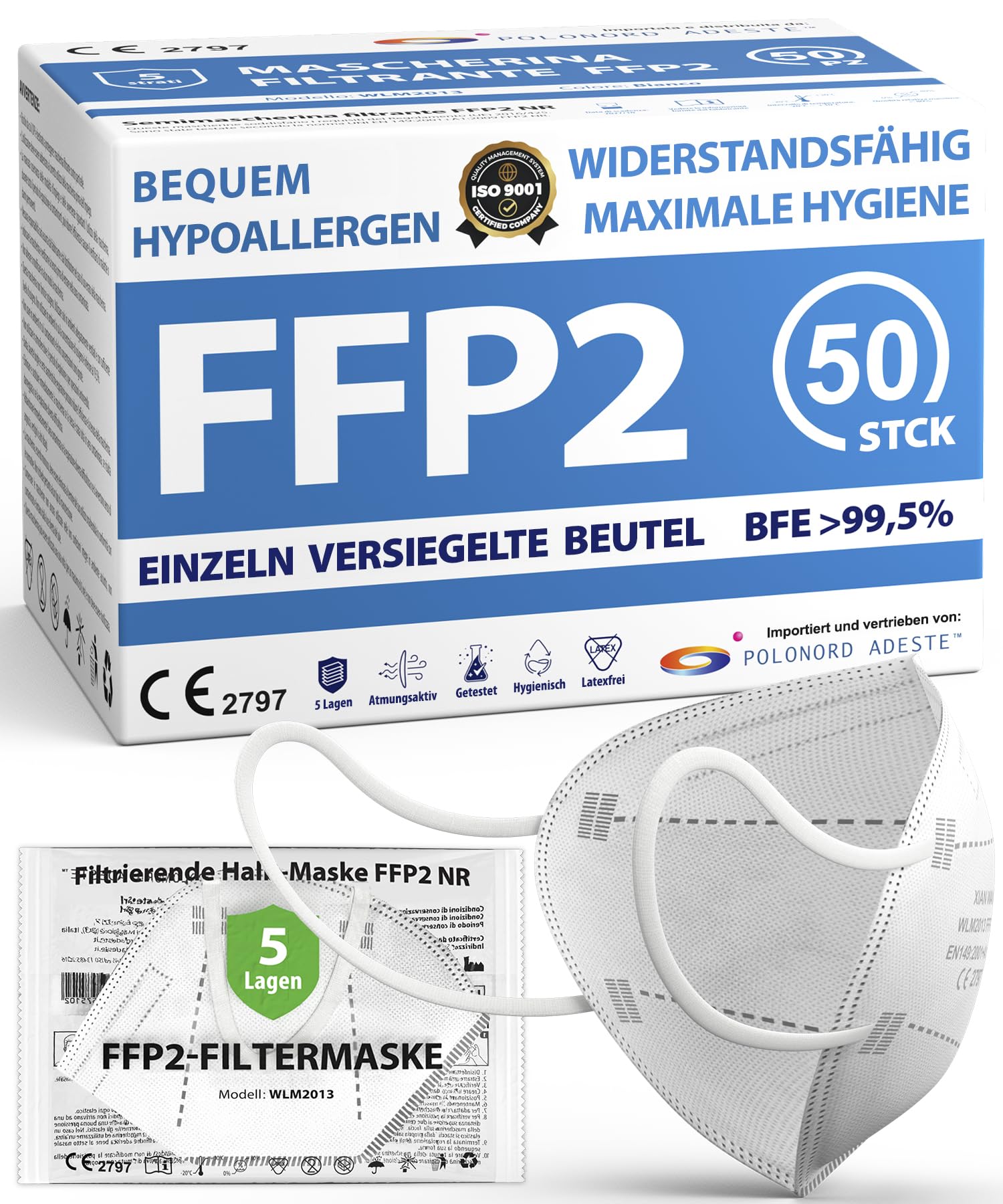 ADESTE - 50 FFP2 Masken, hygienische 5-lagige Staubschutzmaske, EN149:2001+A1:2009 Mundschutzmaske EU2016/425, weiß, Atemschutzmaske, Einzelne versiegelte Beutel