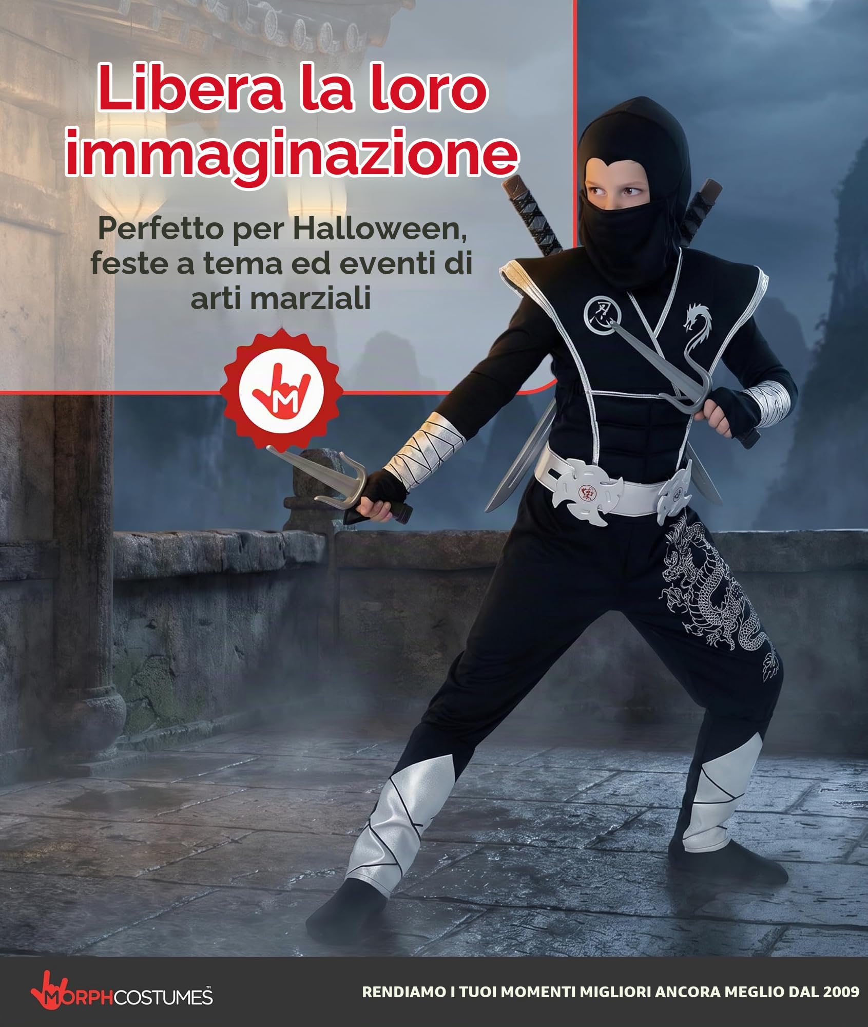 Morph Costume Ninja Bambino Argento - Vestito Carnevale per Bambini, Abito Ninja per Feste, Halloween e Compleanni.