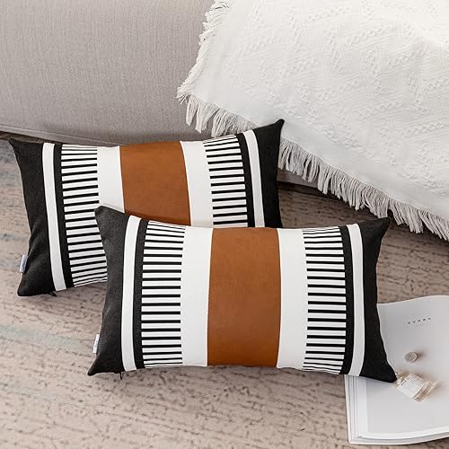 Miniatura 5 de Fundas de almohada lumbar a rayas bohemias de 12 x 20 pulgadas, funda de almohada de cuero moderna para sofá, decoración del hogar rural, color