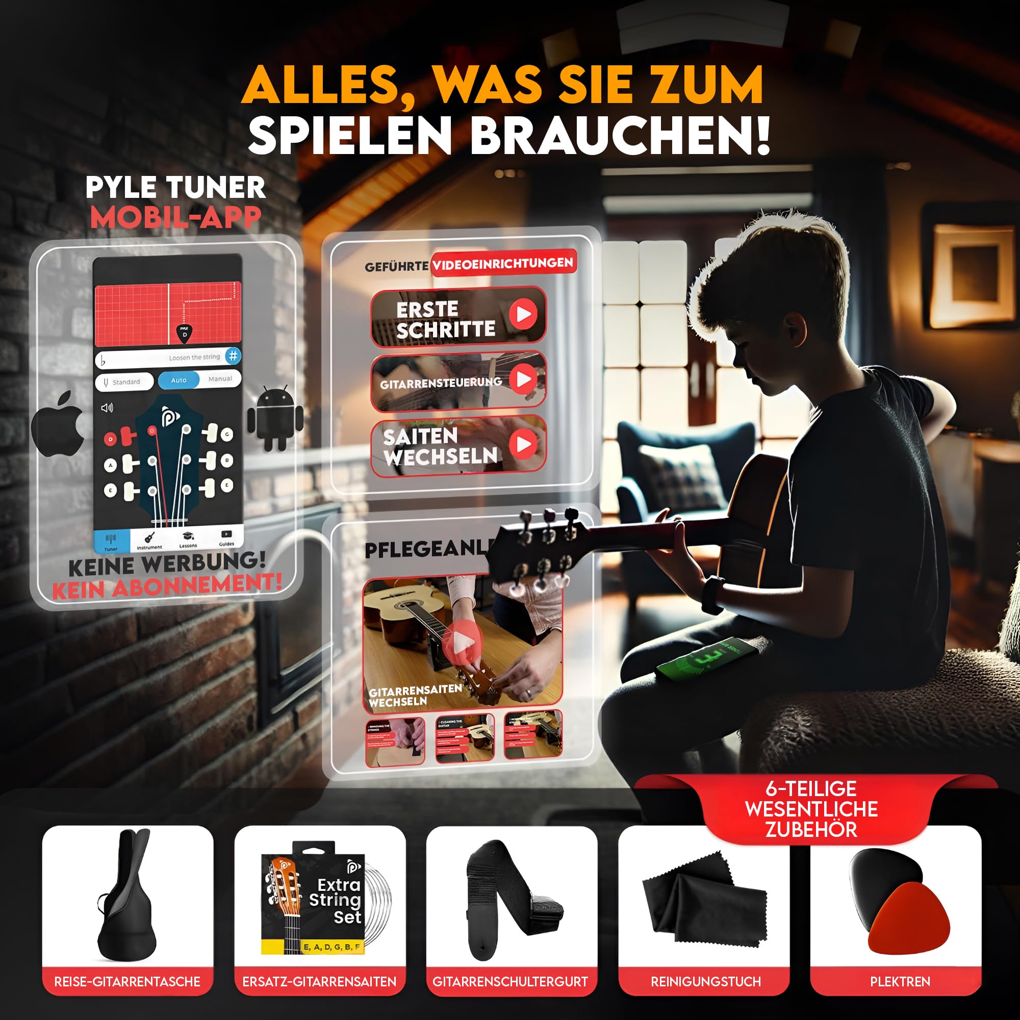Pyle Konzertgitarre, Rechtshändig, 3/4 Größe, Sunburst
