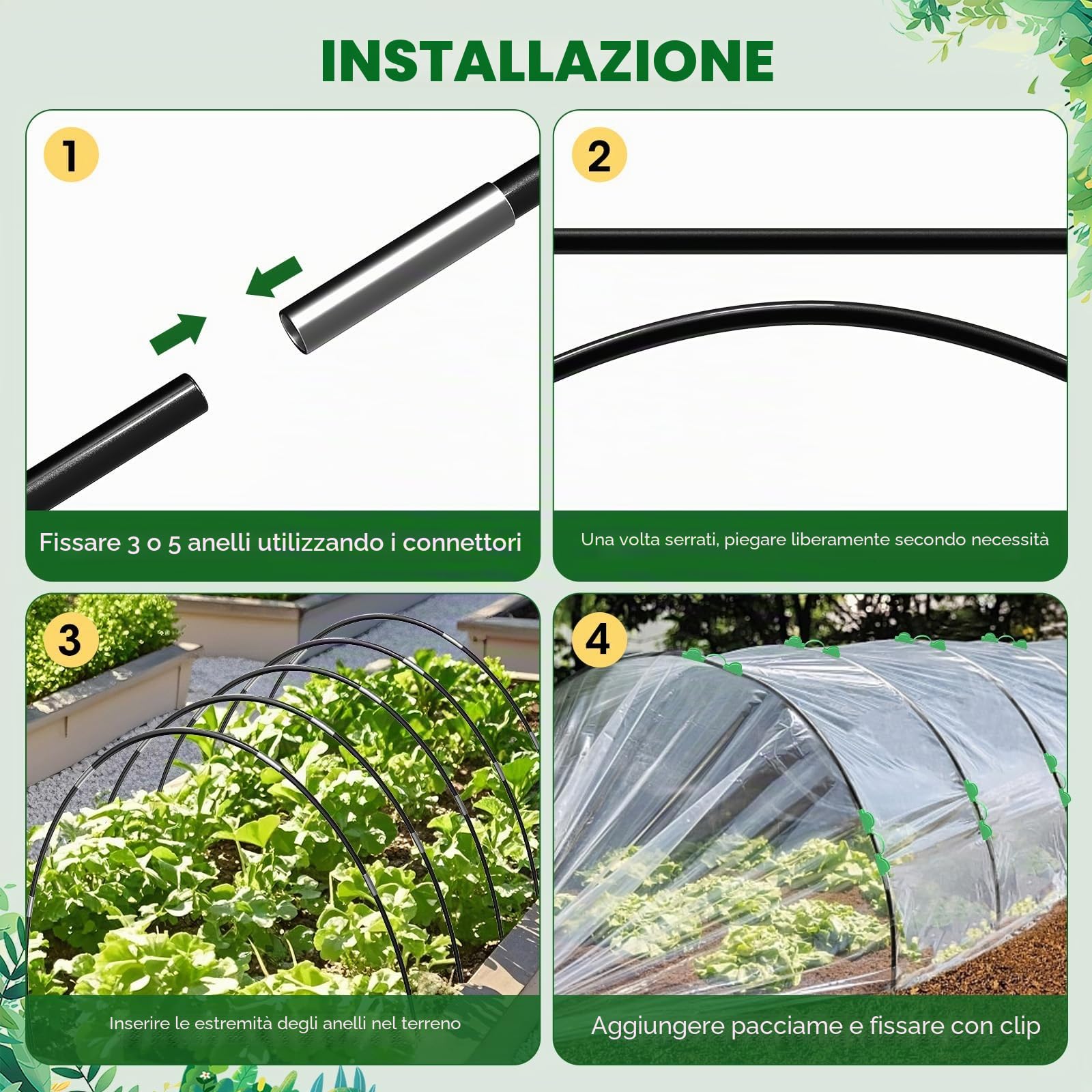 Cerchi per Serra per Letti rialzati, 40 Pezzi Telaio Rimovibile in Fibra di Vetro per Coltivare Tunnel da Giardino, Cerchi per Serra, Cerchi per reti (8 Nero)