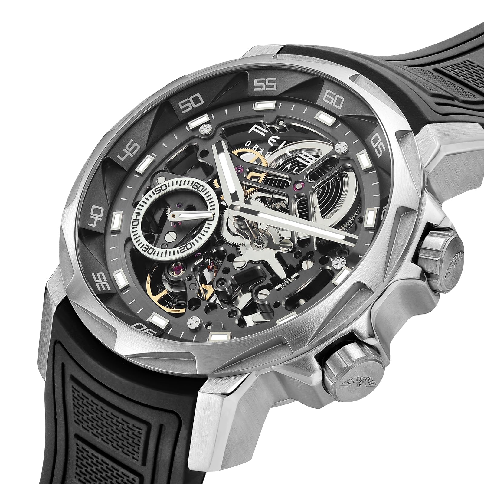 FEICE FM511 Herren Automatikuhr Skelett Saphirglas Schwarzem Gummiarmband | Edelstahlgehäuse 46 mm, Skelettiertes Zifferblatt, Leuchtzeiger, Wasserdicht bis 5 ATM