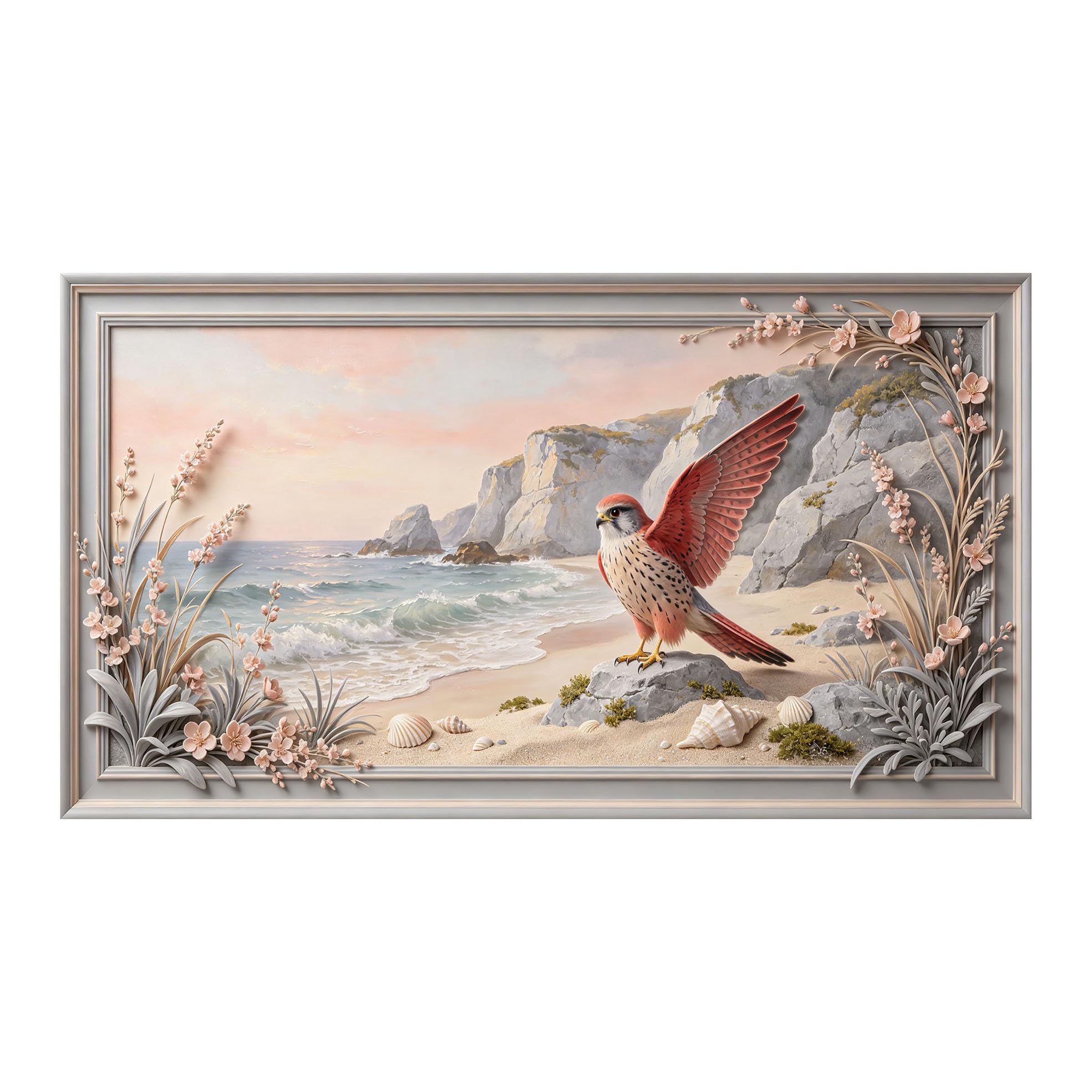 Yzpallescene 3D 3D Framed Wall Art 50cm×90cm Coastal Seaside Landscape Bird Oil Painting Large Size SelfAdhesive Removable Wall Decor Prints Artwork for Living Room Bedroom Office
