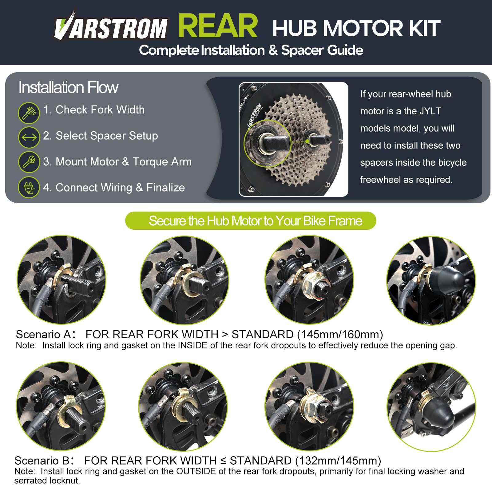 48V-1OOO-15OO JYLT Kit Conversion a Bicicleta Electrica, Motor Buje Delantero & Trasero 26 27,5 28 29 Pulgadas 700C con Pantalla Opcional & Batería, Ebike Kit Casette & Freno Disco MTB CTB