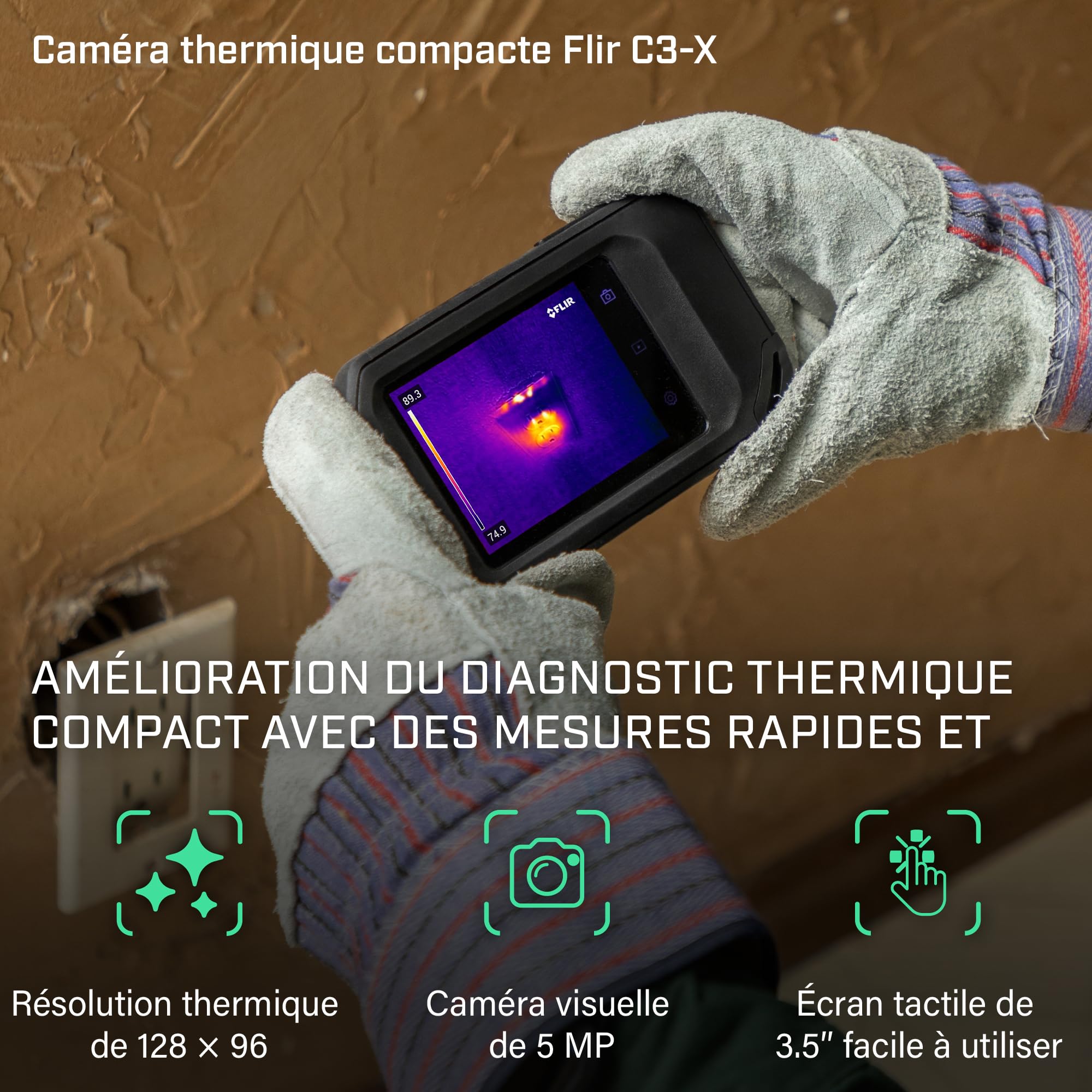 FLIR C3-X Caméra d'imagerie thermique compacte avec Wi-Fi : imageur infrarouge haute résolution pour les applications d'inspection, électrique/mécanique, bâtiment et CVC