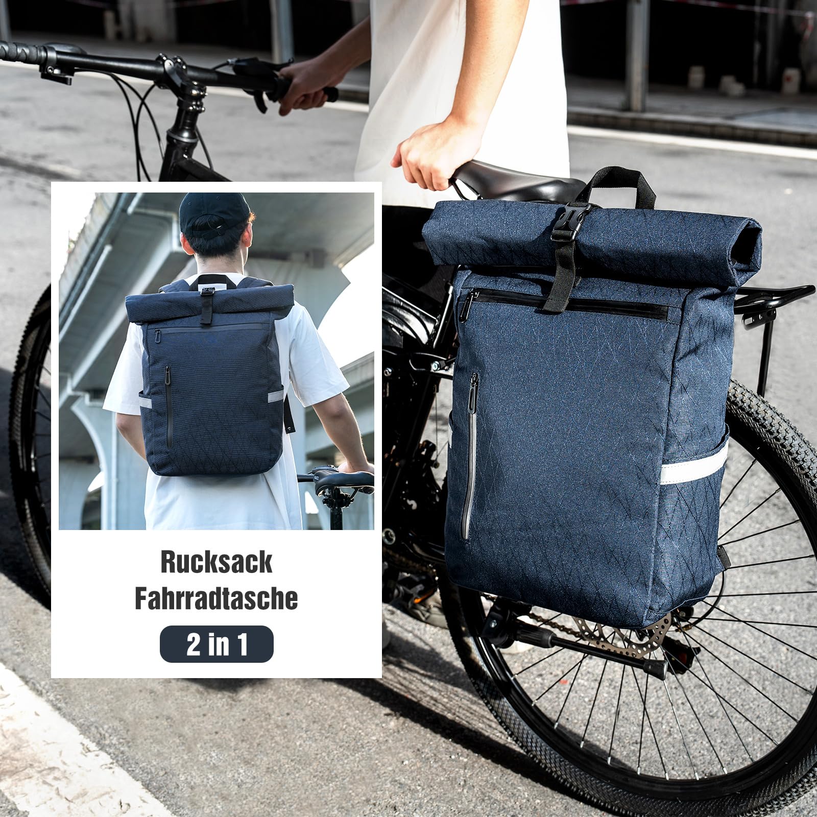 Torba rowerowa na bagażnik, 22 l, plecak dla mężczyzn, 2 w 1, wielofunkcyjna torba na bagażnik z kieszenią na laptopa, niebieski, 22 Liter, 40 x 28 x 15 cm
