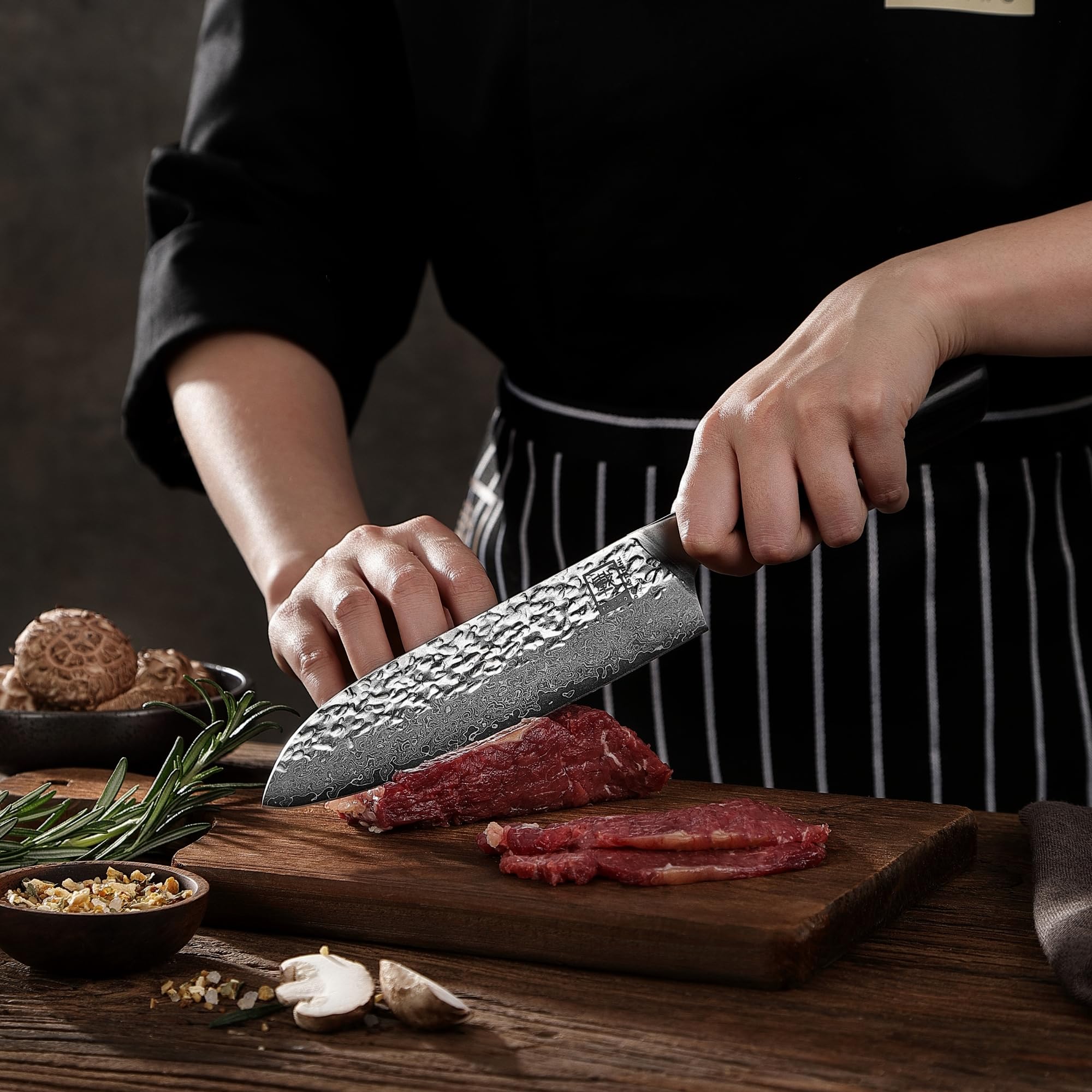 zayiko Kuo nóż ze stali damasceńskiej Santoku, 17,70 cm, bardzo ostry, z 67 warstw, nóż kuchenny ze stali damasceńskiej z uchwytem młotkowym i drewna Pakka