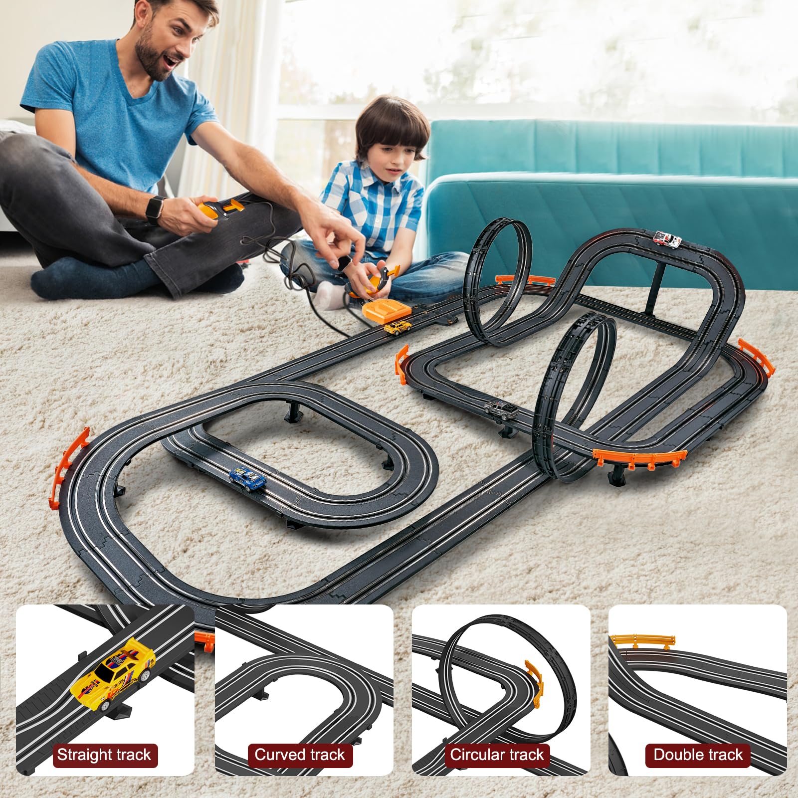 Slot Car Race Track with 4 High-Speed Racing Cars Battery or Electric Race Car Toy for Kids Boys, Dual Racing Game 2 Hand Controllers Toys for Girls Children Age 6,7,8-12 Years Old