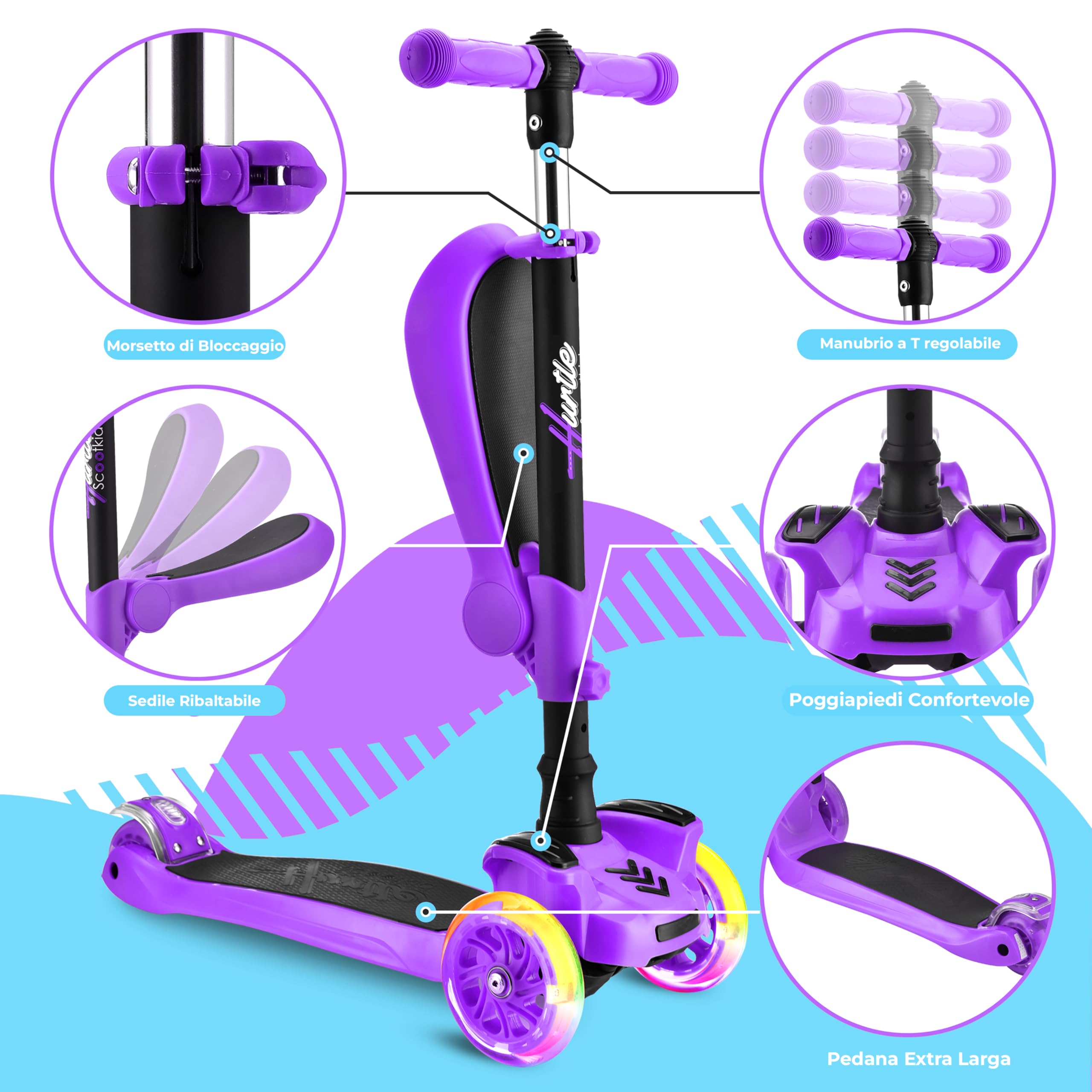 Hurtle Monopattino Bambino, Monopattino Bambina, Monopattino a 3 Ruote, Regolabile in Altezza con Sedile Pieghevole, Scooter per Bambini e Bambine con Ruote LED Multicolore, Dai 1 ai 14 Anni