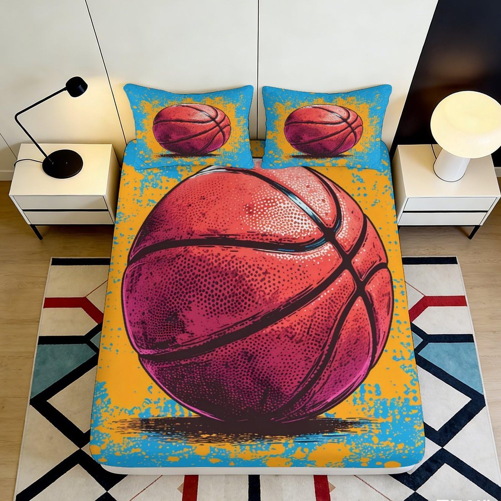 3D Printed Basketball Splash Fitted Sheet Microfiber Soft Mattress Cover for Bedroom Dorm Guest Room Decor 90x200x25cm