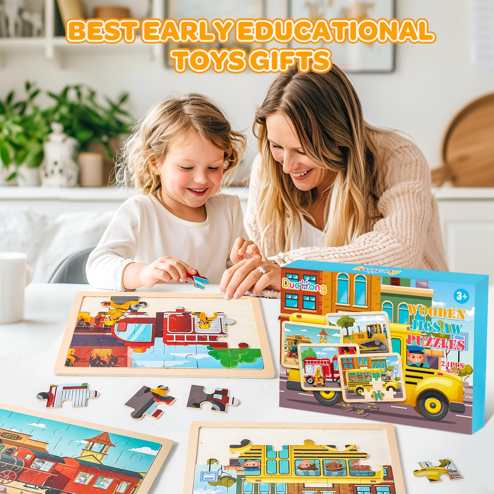 Puzzles für Kinder von 4 bis 6 Jahren, 4 Packungen mit 24 Holzpuzzles für Kinder von 2 bis 4 Jahren, Vorschulpädagogisches Spielzeug, Spielzeug für Jungen und Mädchen von 3 4 5 6