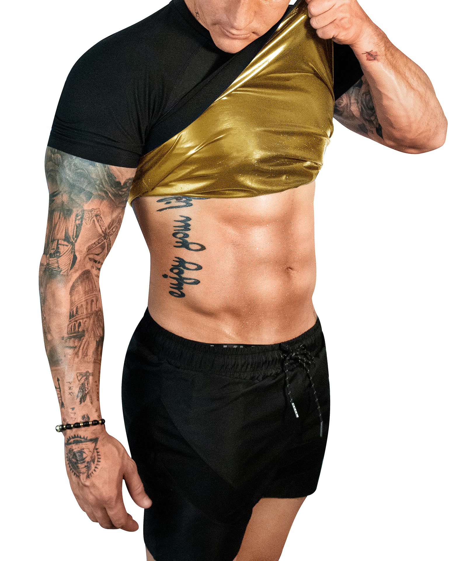 FUXERT Sauna shirts, sweat sauna suits for men, gymnastics gymnasiums, compression shirts and figure shaping in the sports hall, black/gold, L